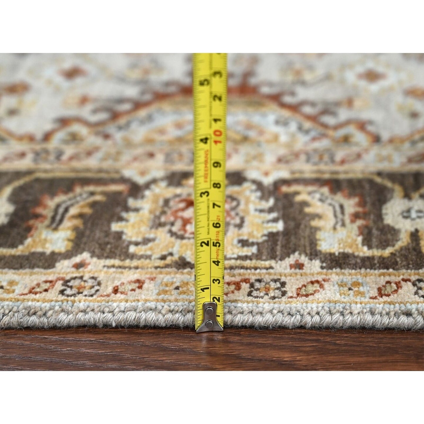 4'2"X9'10" Gray Karjihooz Design Pure Wool Hand Knotted Wide Runner Rug