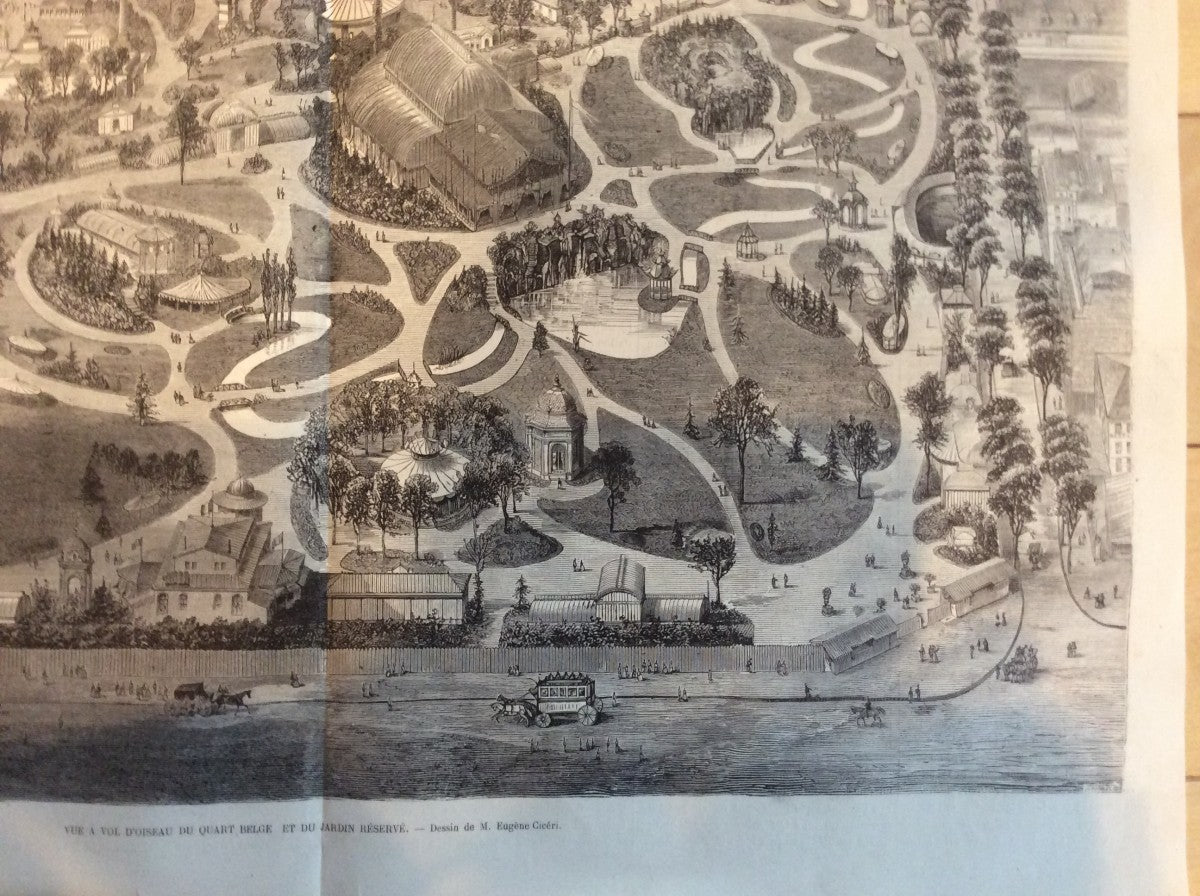 1867 Paris Exposition Wood Engraving Panorama Belgian Quarter & Gardens Ciceri