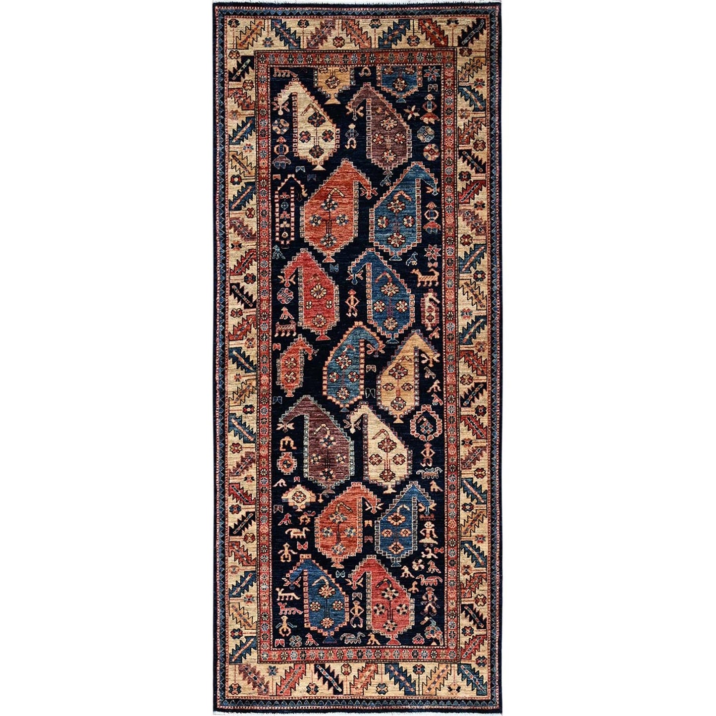 4'X9'9" Midnight Blue Large Paisley Design Wool Hand Knotted Runner Rug