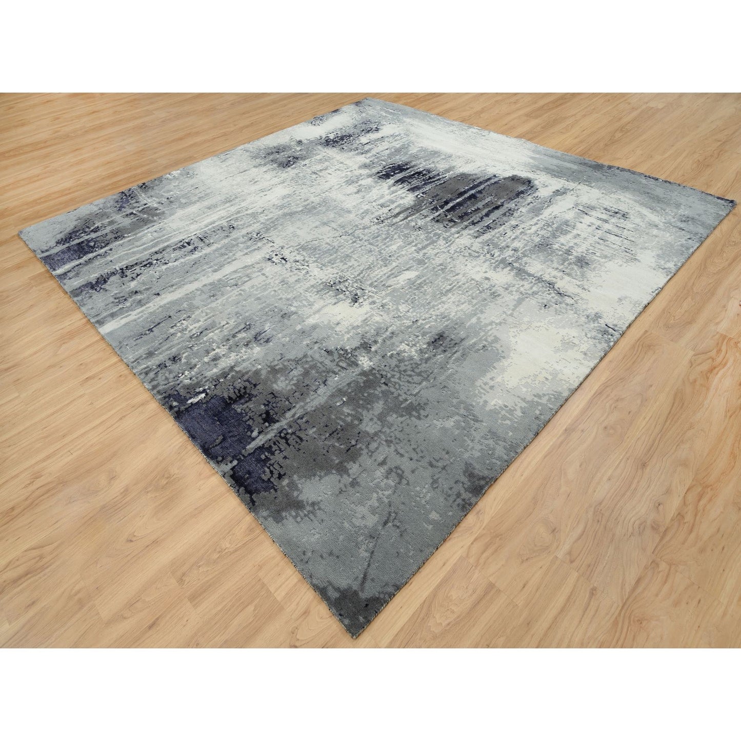 10'X10' Black Abstract Design Wool And Silk Hand Knotted Square Rug