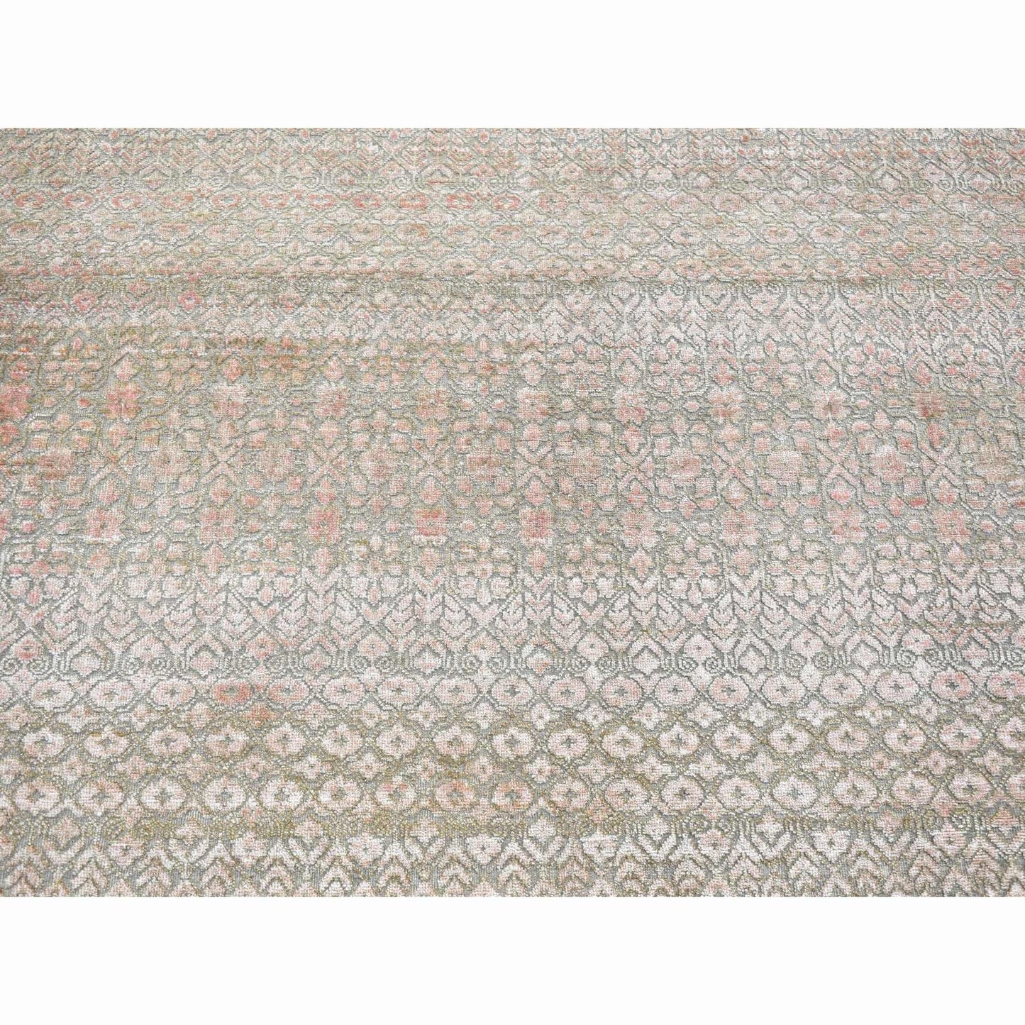 9'X12'2" Taupe, Repetitive Flower Design, Silken Wool Hand Knotted, Rug