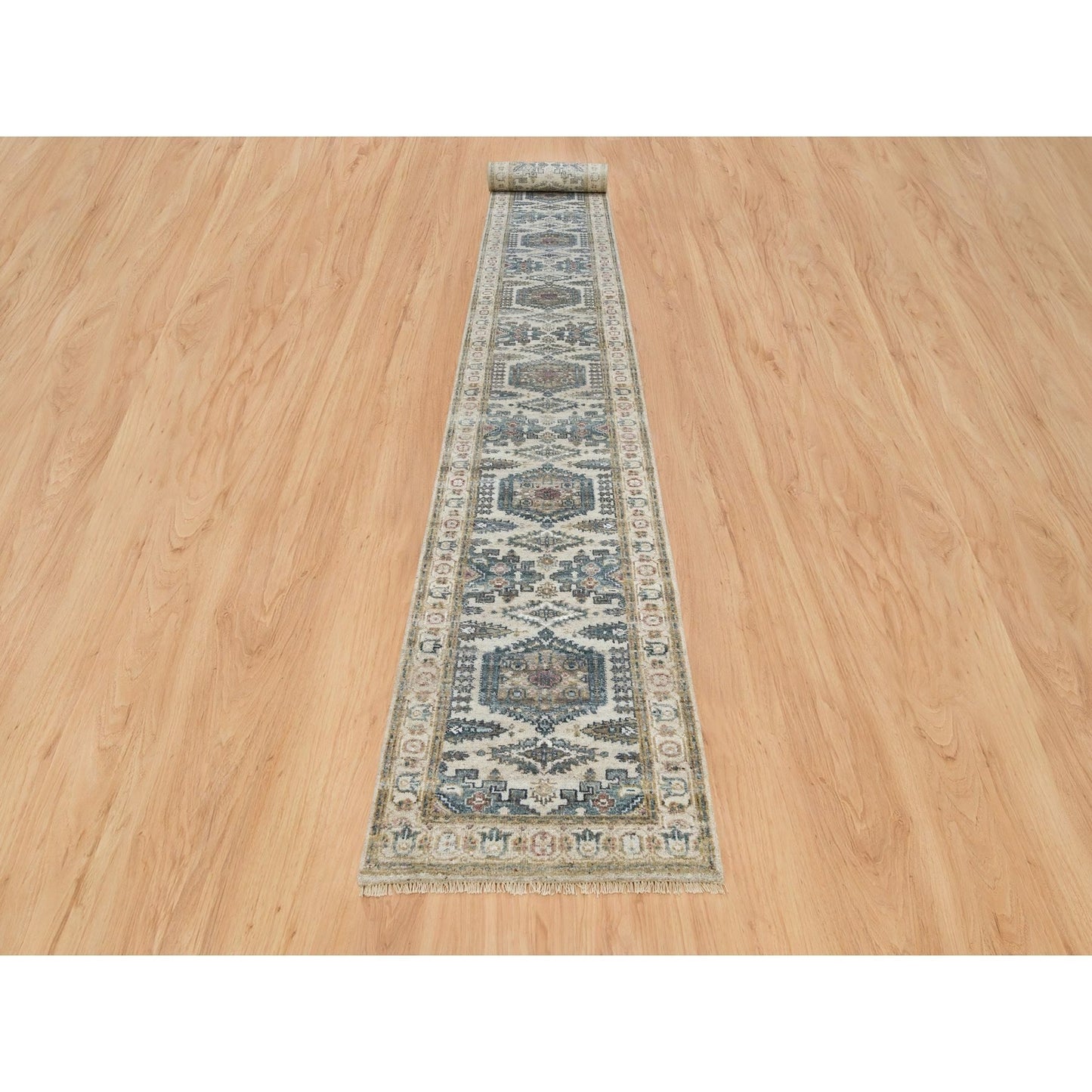 2'7"X21'7" Floral White Wool Hand Knotted Reimagined Viss Xl Runner Rug