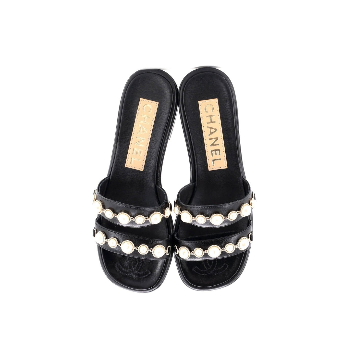 Chanel Women'S Double Strap Slide Sandals Leather And Faux Pearls