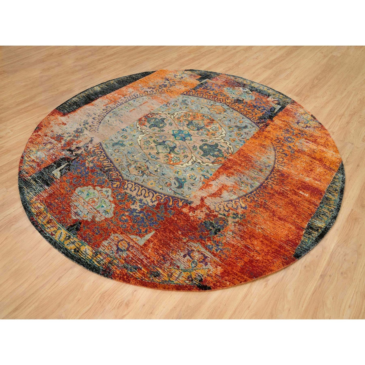 10'X10' Orange Ancient Ottoman Erased Design Wool Hand Knotted Round Rug