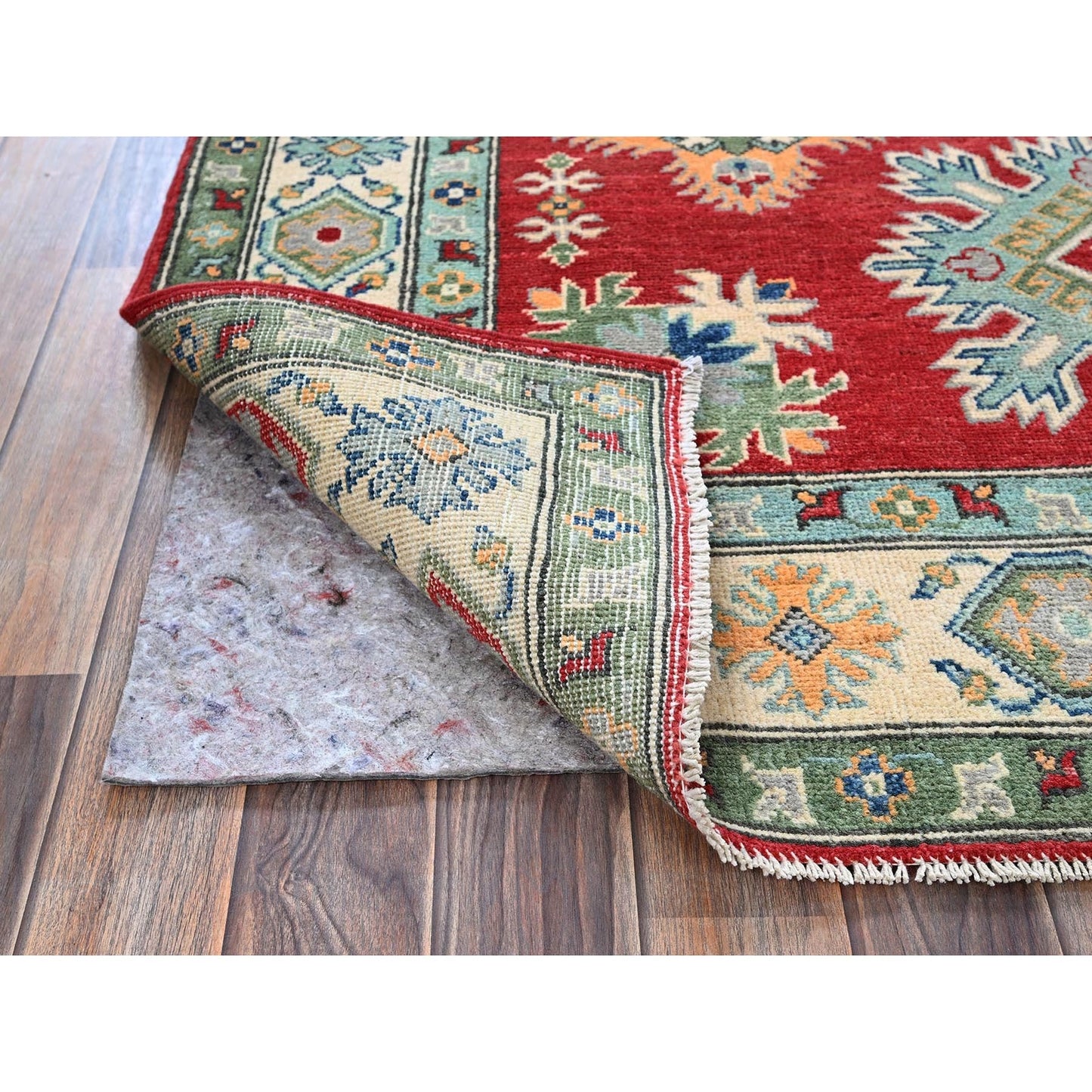 4'10"X6'10" Red Kazak With Tribal Motif Hand Knotted Soft Wool Oriental Rug