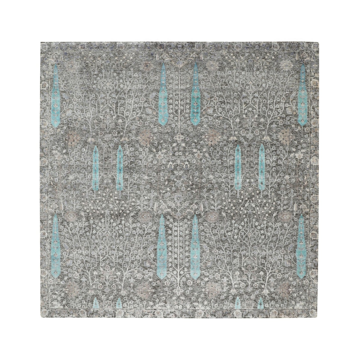 10'X10' Square Cypress Tree Design Silk Withtextured Wool Handknotted Rug