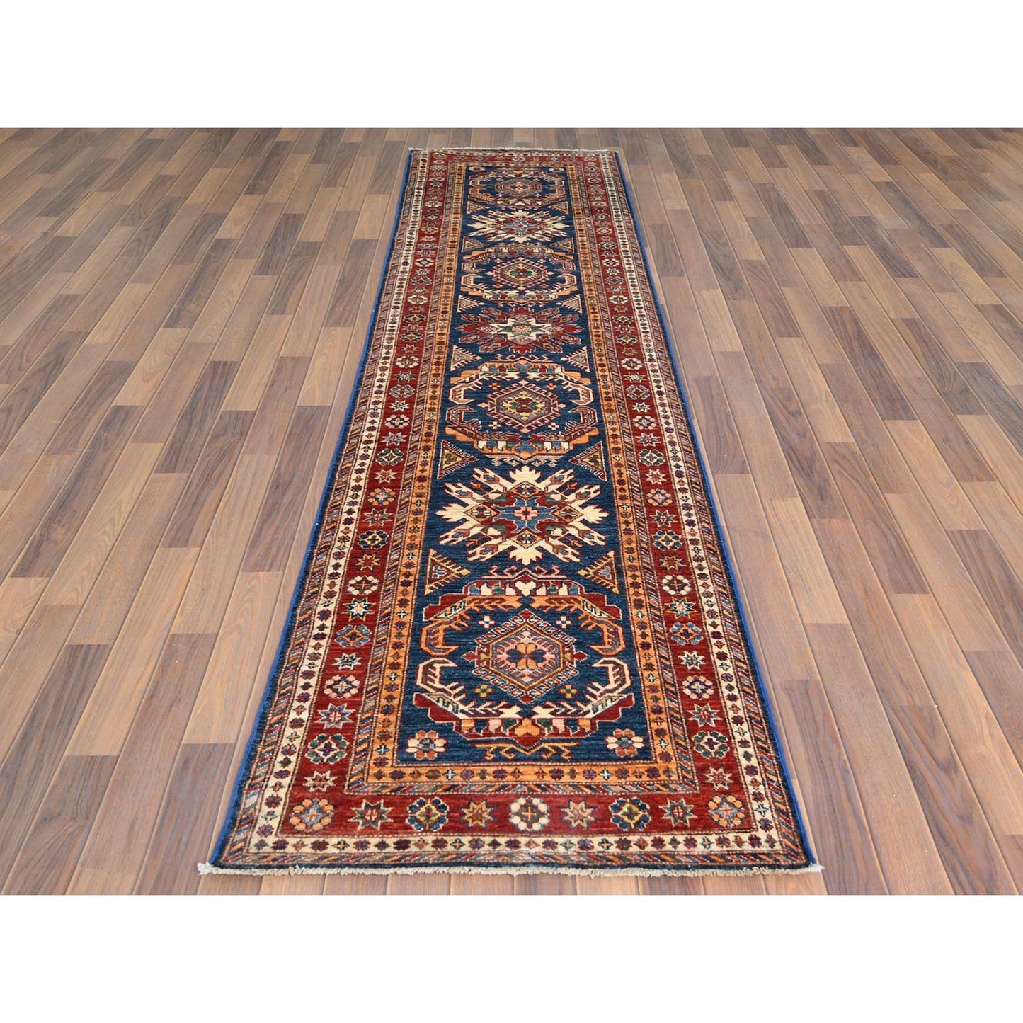 2'10"X11' Shiny Wool Hand Knotted Navy Blue Afghan Super Kazak Runner Rug