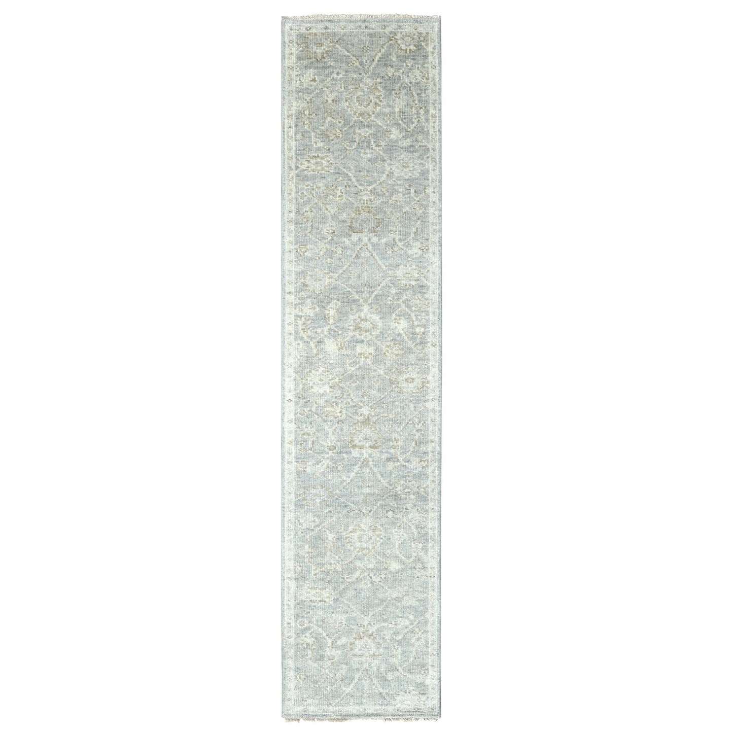 2'5"X11'4" Coin Gray Hand Knotted Oushak Design Soft Wool Runner Rug