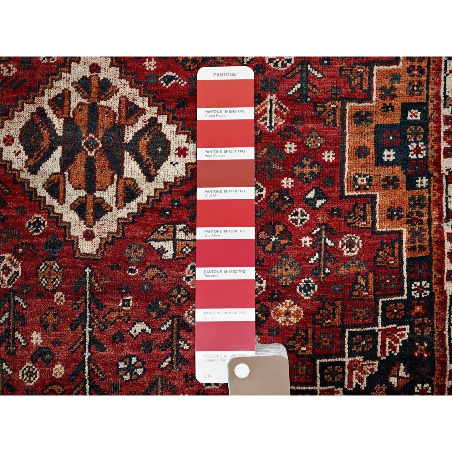 3'6"X5'1" Scarlet Red Vintage Zoroastrian Sheeraz Hand Knotted All Wool Rug