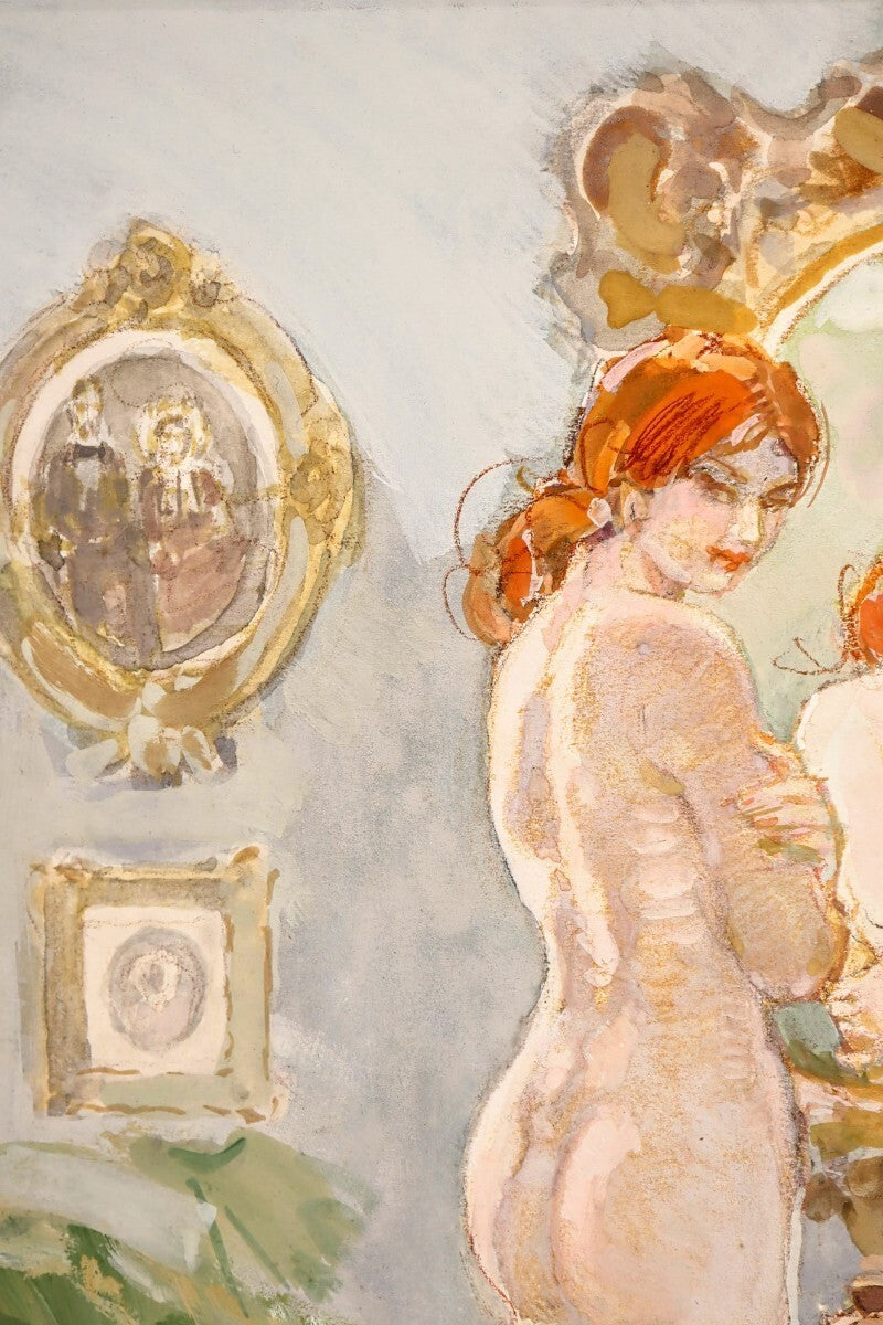 Erno Zorad "Mirror" Signed Watercolor Nude Painting - Rare Hungarian Artist