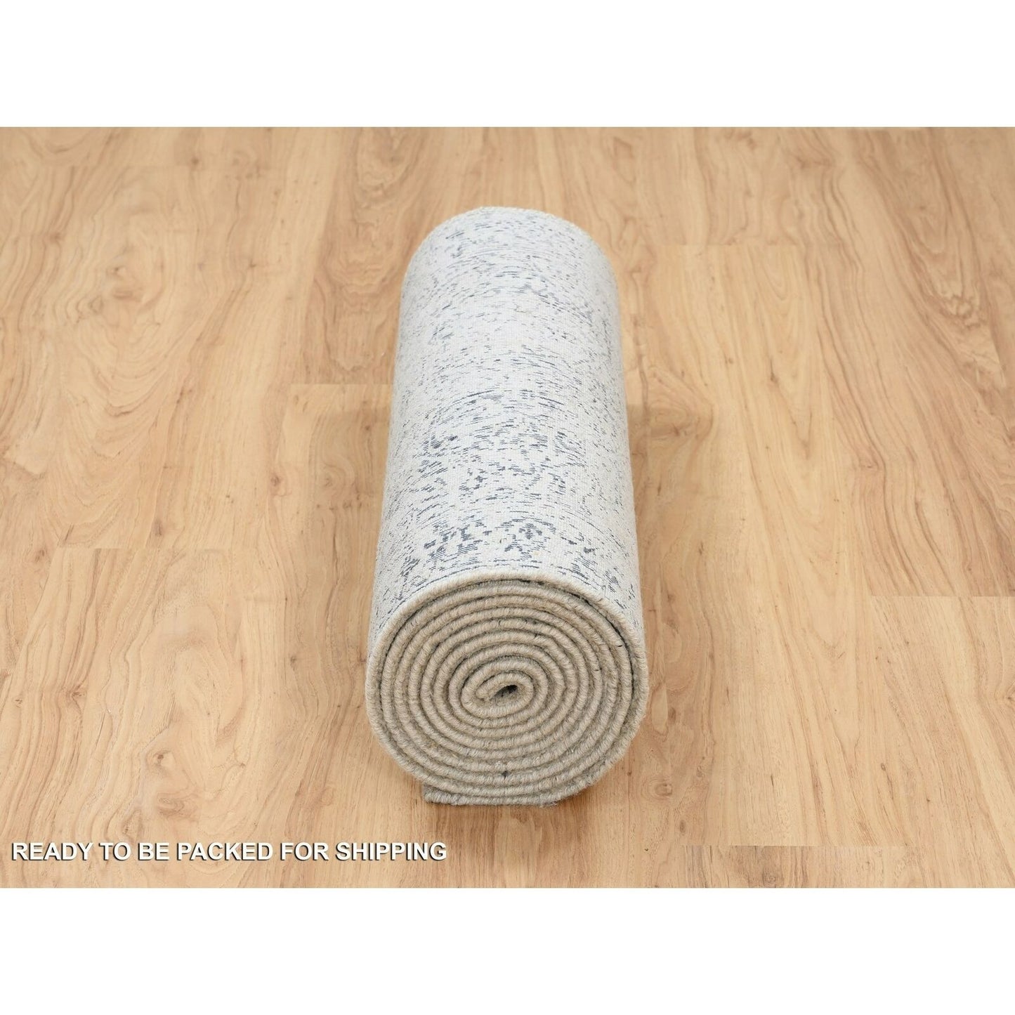 2'7"X12'2" Hand Loomed Gray Fine Jacquard Wool And Silk Runner Rug