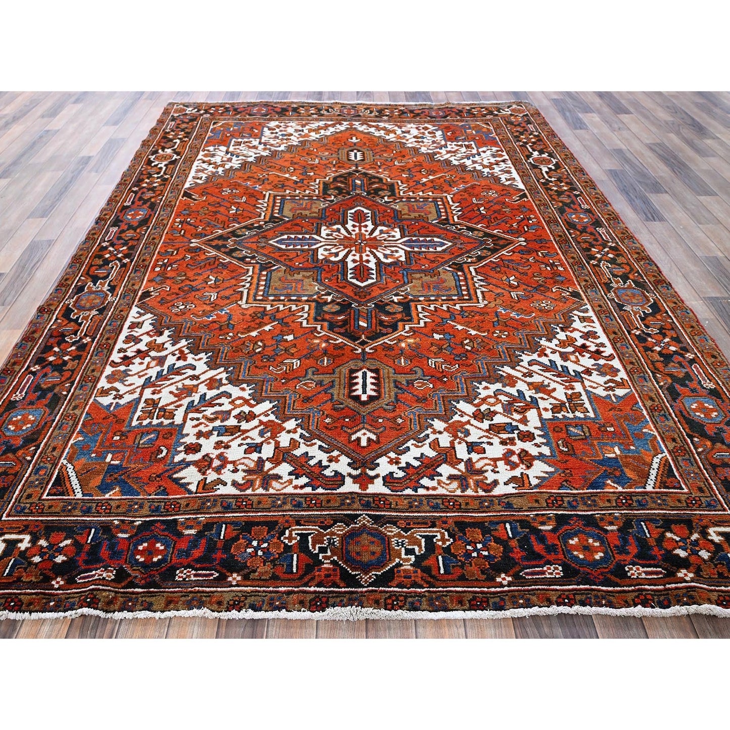 6'10"X9'7" Orange Vintage Zoroastrian Heris All Wool Hand Knotted Clean Rug