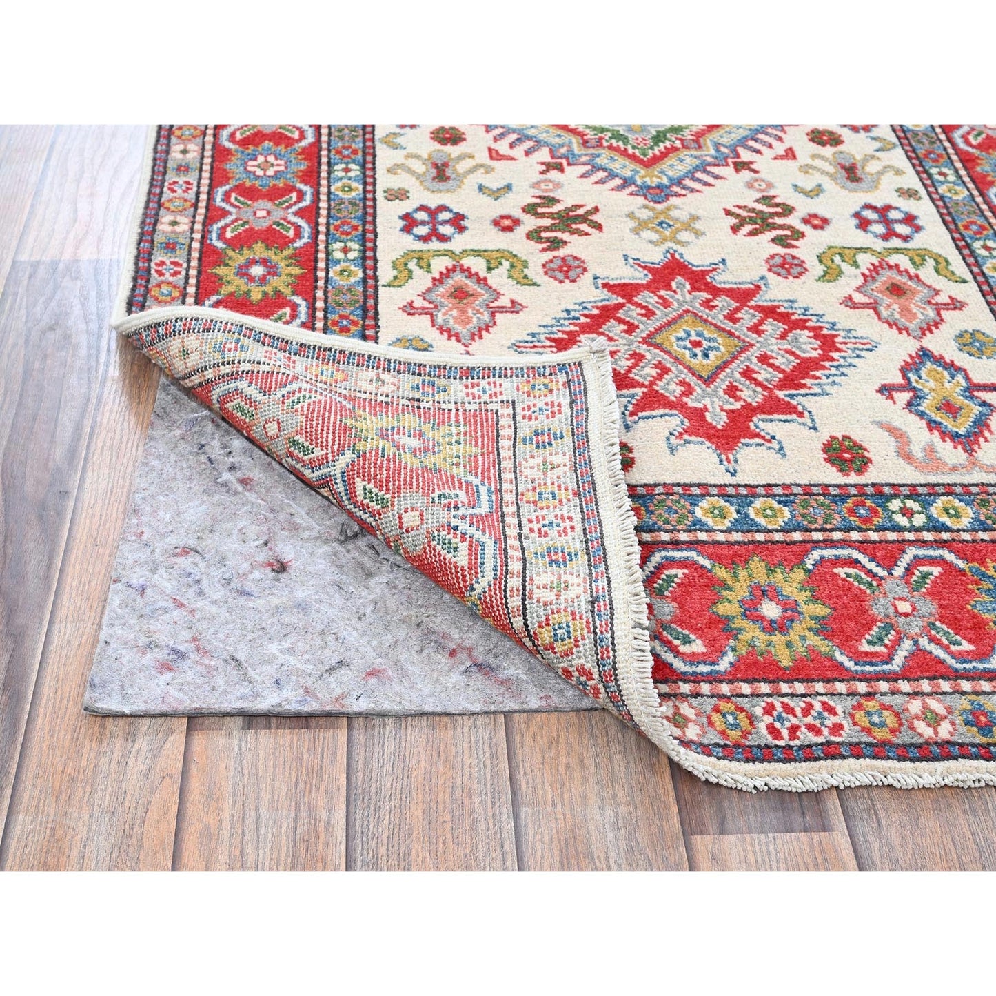 3'2"X5'3" White Hand Knotted Kazak Geometric Medallions Design All Wool Rug