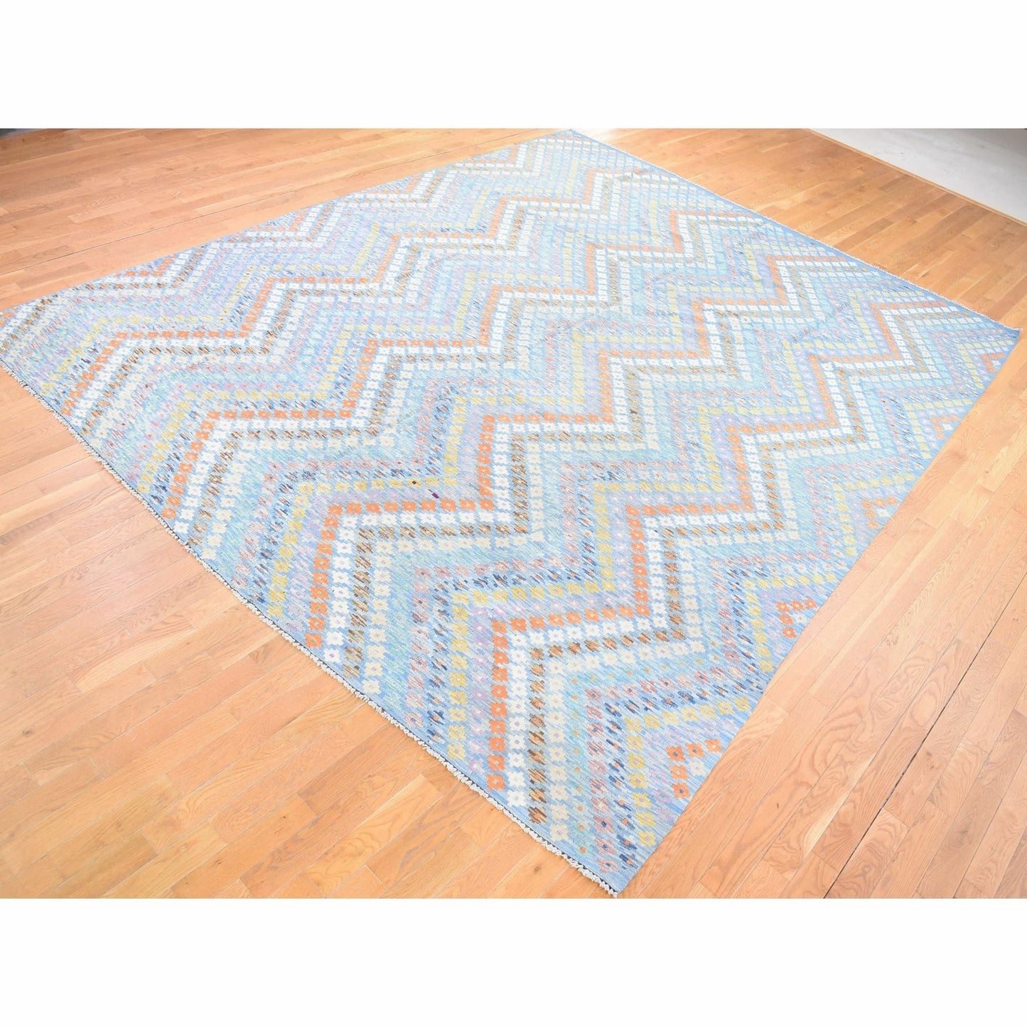 10'3'X13'3" Light Blue Kilim Hand Knotted Pure Wool Rug