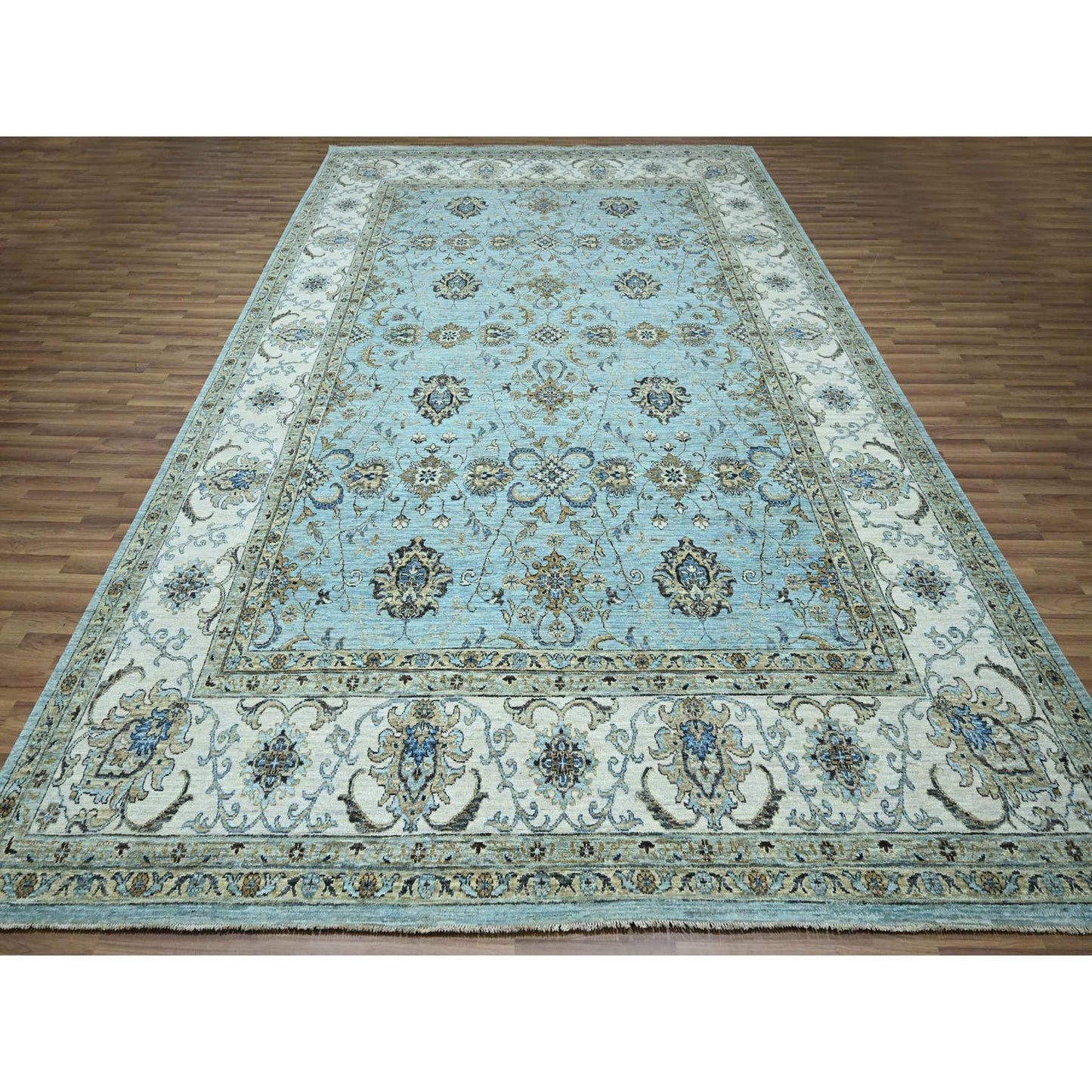 10'X13'10" Blue Hand Knotted Agra Shah Abbas Flower Vines Design Wool Rug