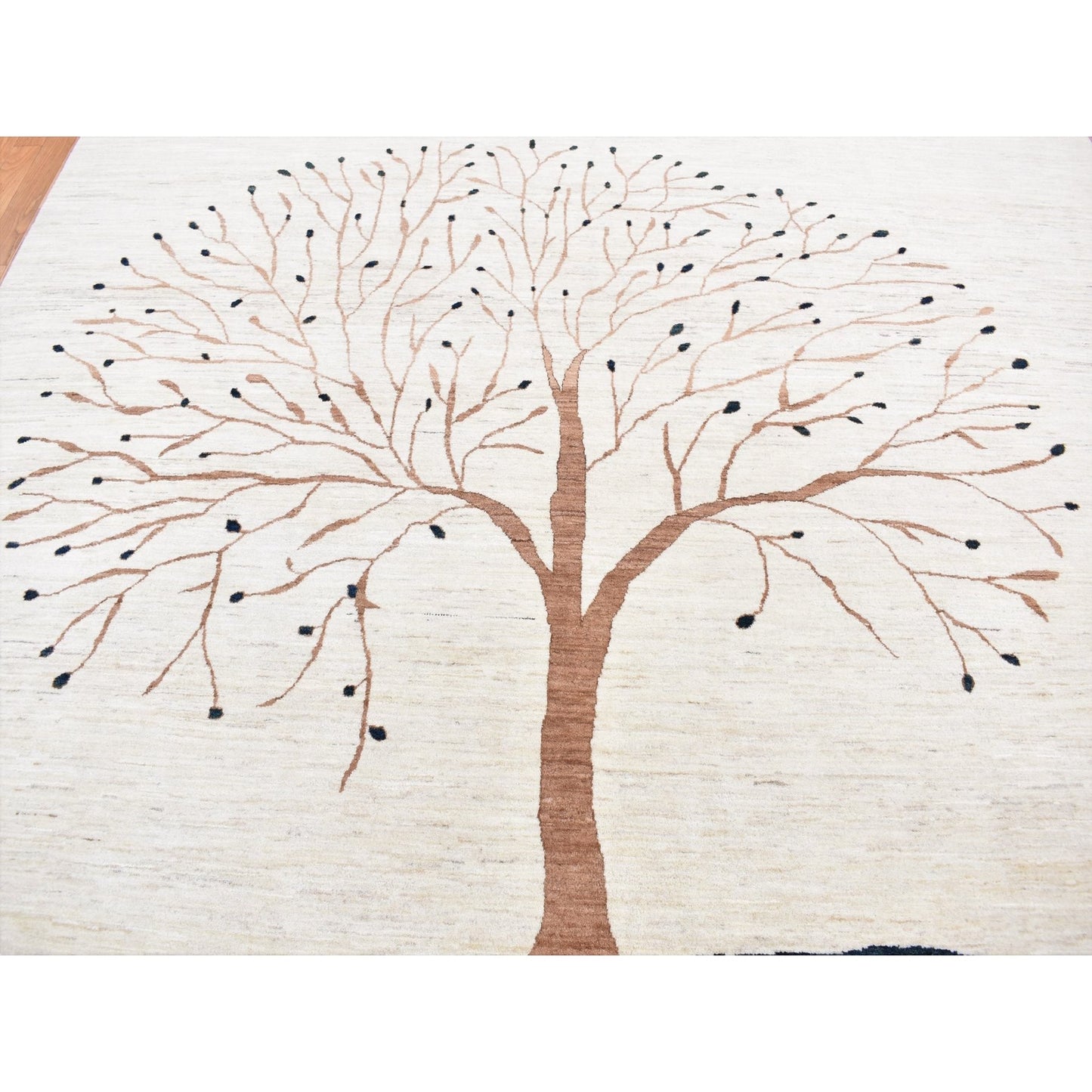 9'8"X13'8" Ivory Hand Knotted Modern Folk Art Tree Design Gabbeh Wool Rug