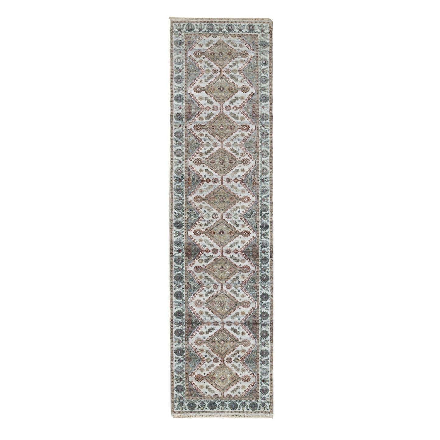 2'6"X9'9" Anti-Flash White Unique Flower Border Runner Oriental Rug