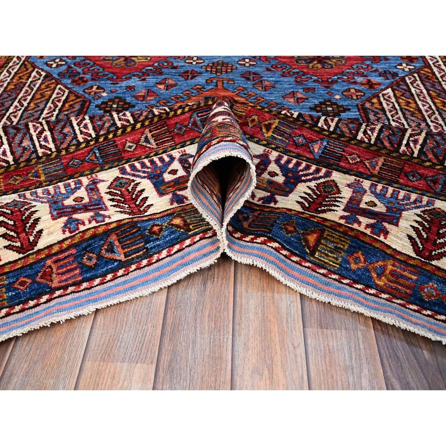 5'10"X9' Azure Blue Hand Knotted Shiny Wool Turkish Knot Striped Rug