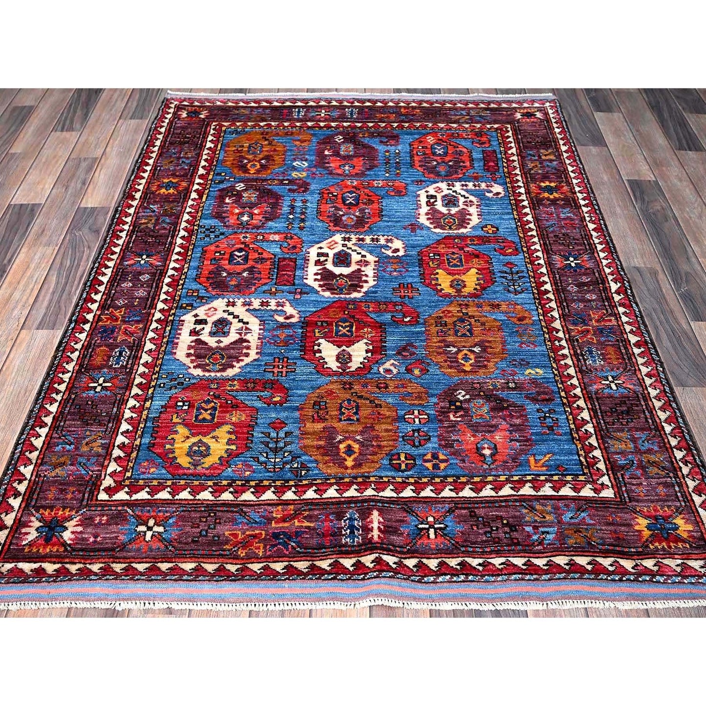 4'3"X5'8" Blue Afghan Caucasian Design Revival Hand Knotted Soft Wool Rug