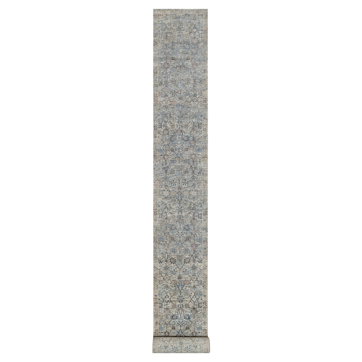 2'7"X25'9" White Sickle Leaf Design Silk & Wool Hand Knotted Runner Rug
