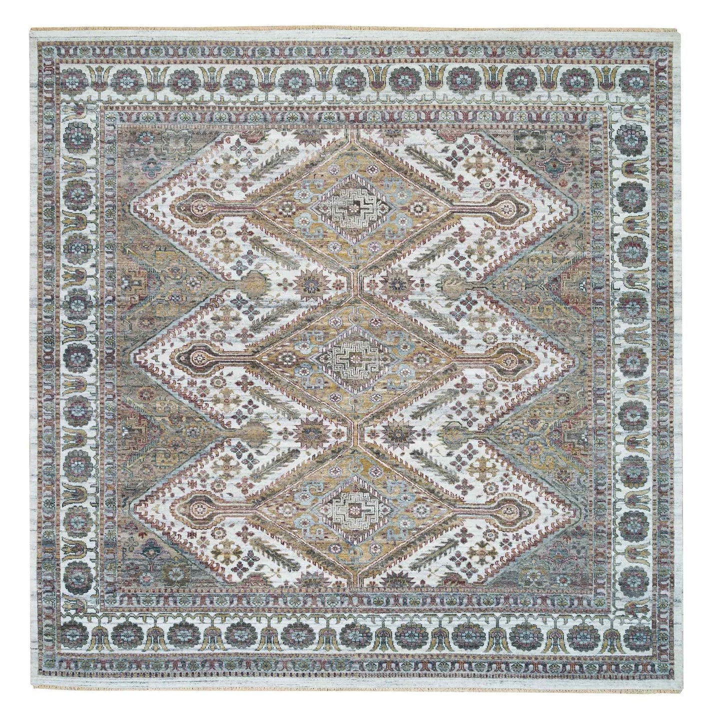 9'10"X10' Ivory Wool Hand Knotted Flower Rosettes Border Oriental Rug