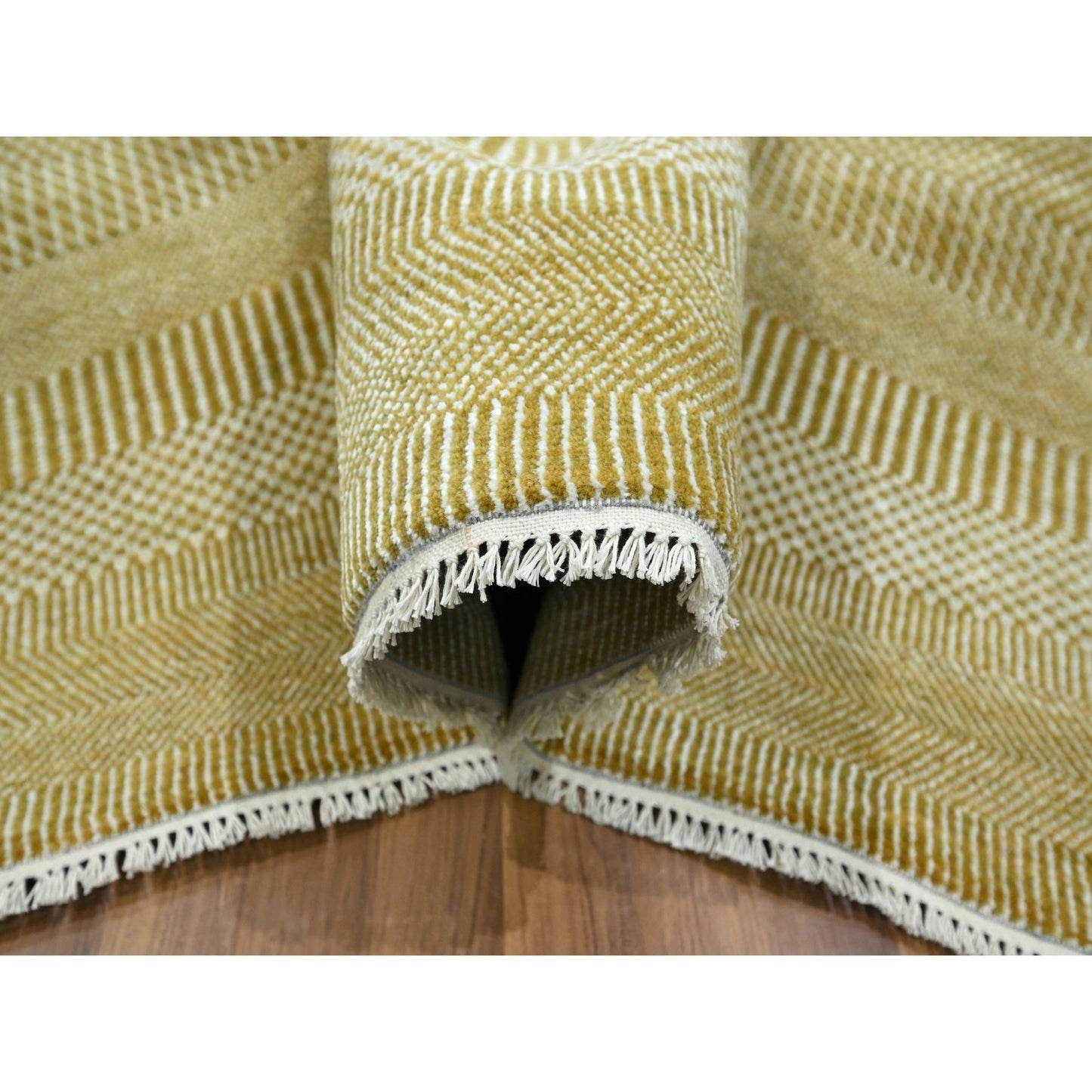9'X12'3" Cumin Brown Modern Grass Design Hand Knotted Wool And Silk Rug
