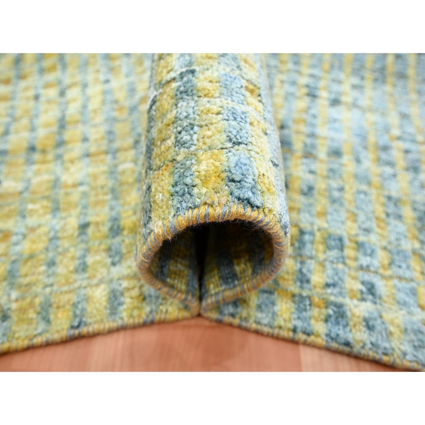 9'X12'2" Yellow Mid Century Inspired Wool & Pure Silk Hand Knotted Rug