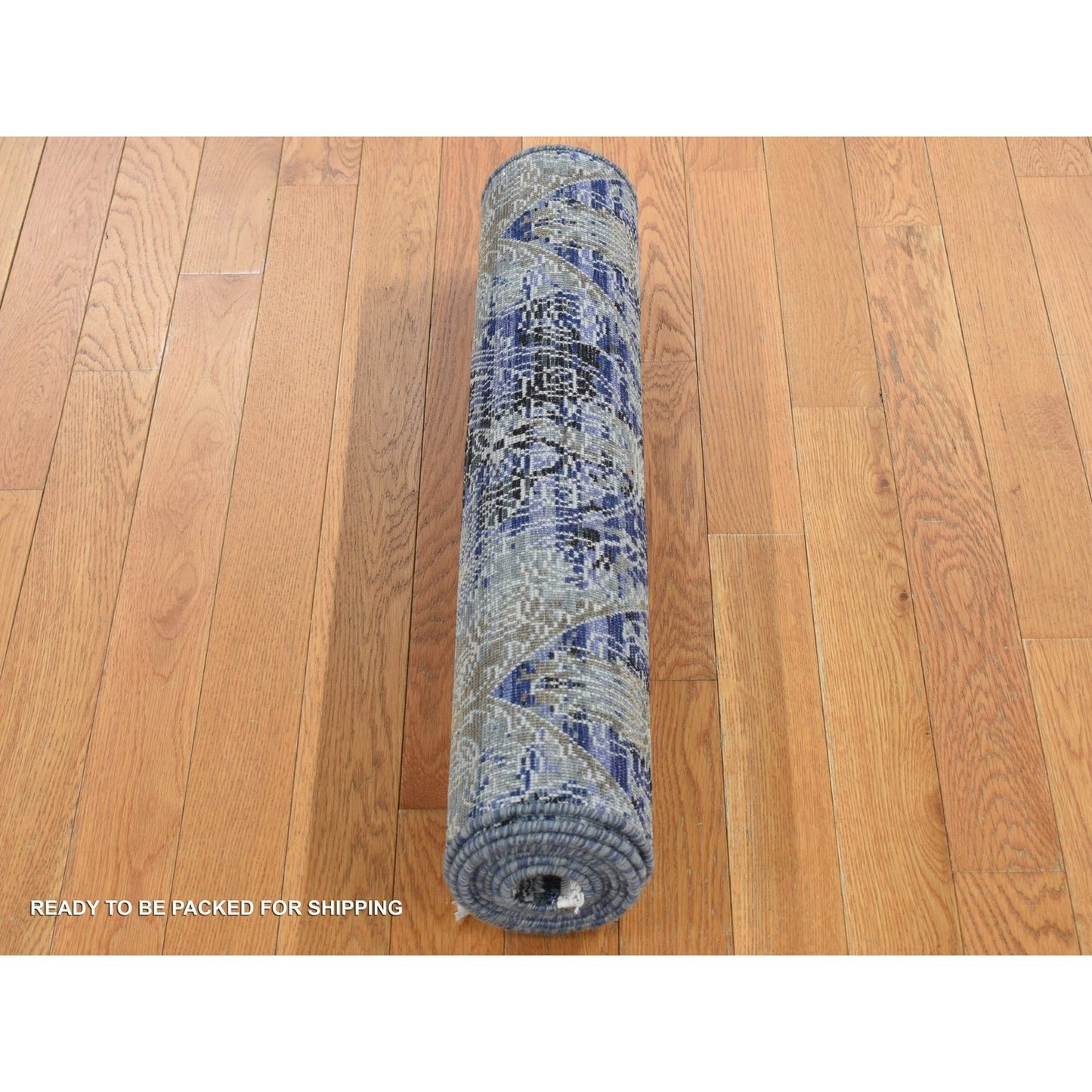 2'7"X8'3" Blue Broken And Erased Silk With Wool Hand Knotted Runner Rug