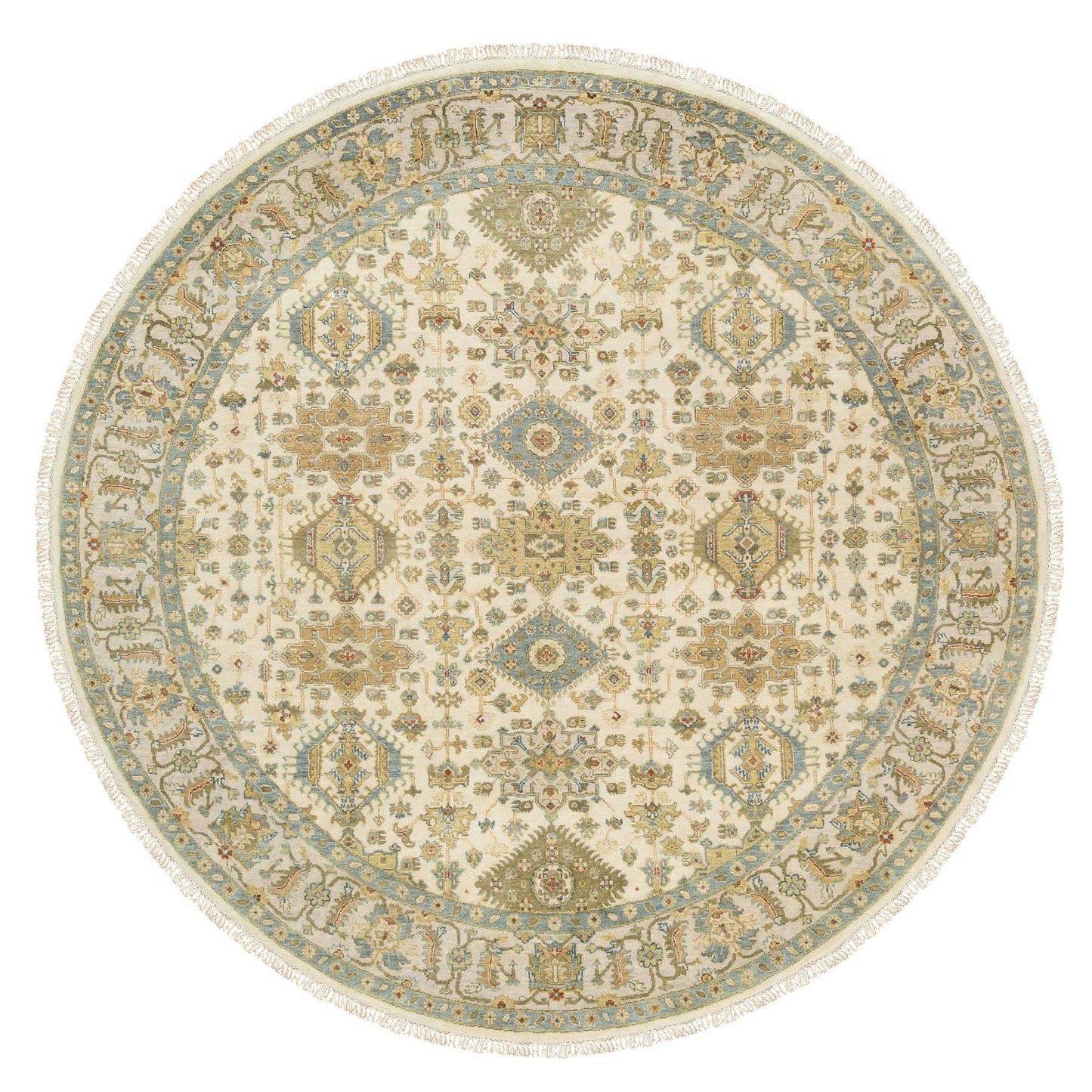 8'10"X8'10" Ivory Hand Knotted Karjihooz Design Wool Round Rug