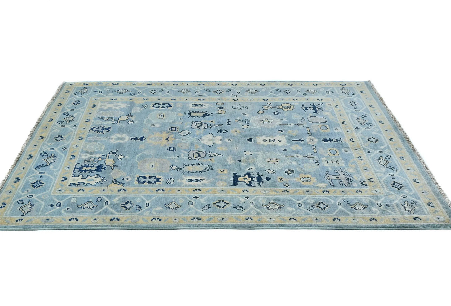 Blue Kazak Oushak Handmade Rug 4X5 Ft Floral
