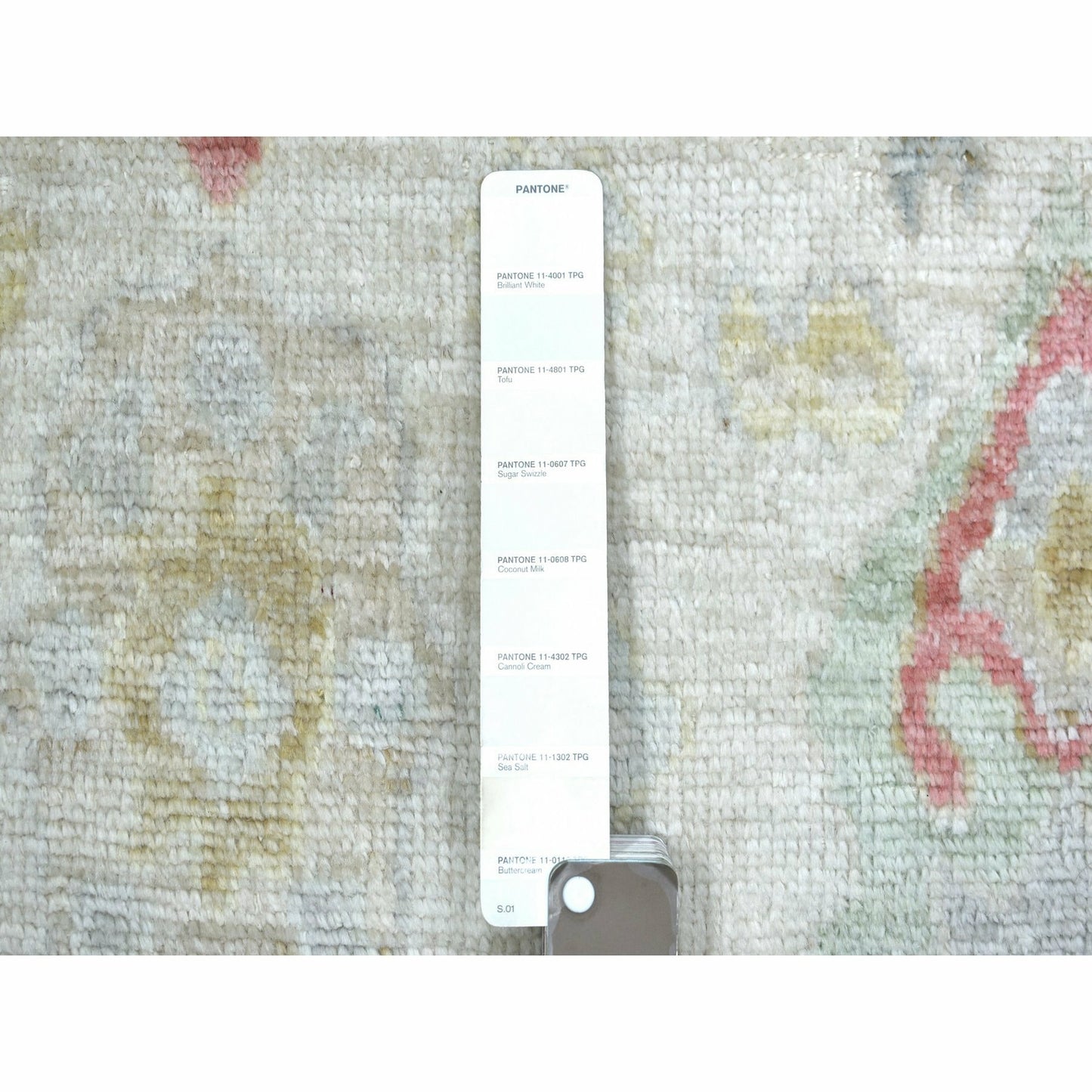 4'2"X5'7" Ivory Hand Knotted Angora Oushak All Over Motifs Wool Rug