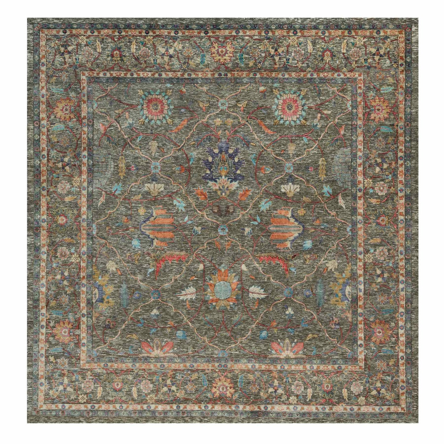 10'X10' Brown Striae Pattern Hand Knotted Silk Textured Wool Square Rug