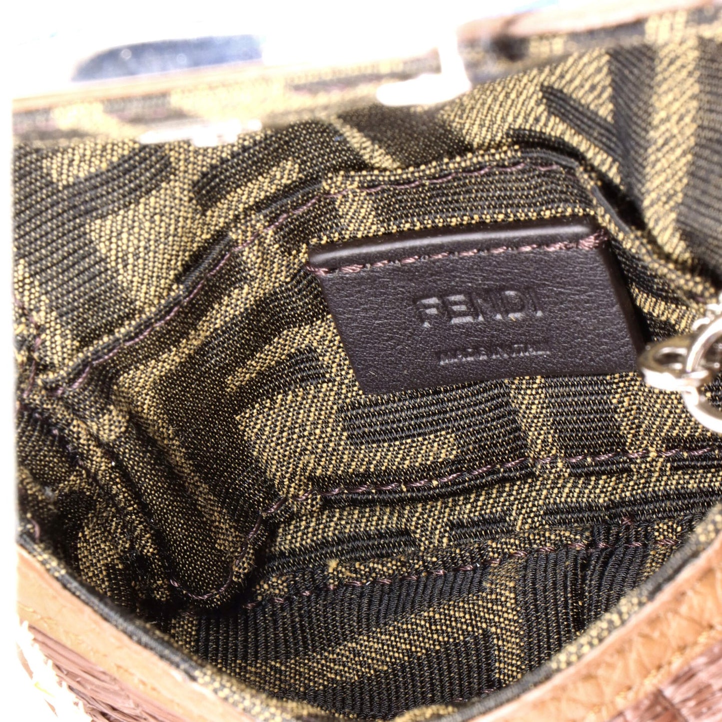 Fendi Chain Baguette Charm Bag Embroidered Raffia Nano