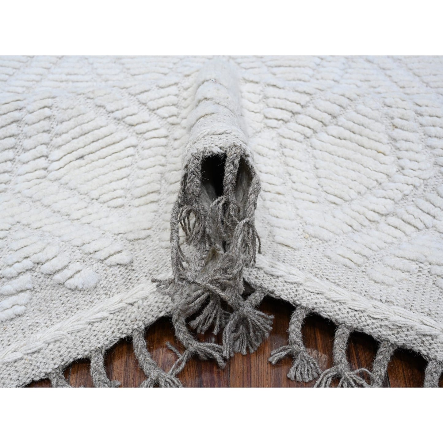 9'1"X12'1" Ivory Hand Knotted Wool Moroccan Diamond Repetitive Design Rug