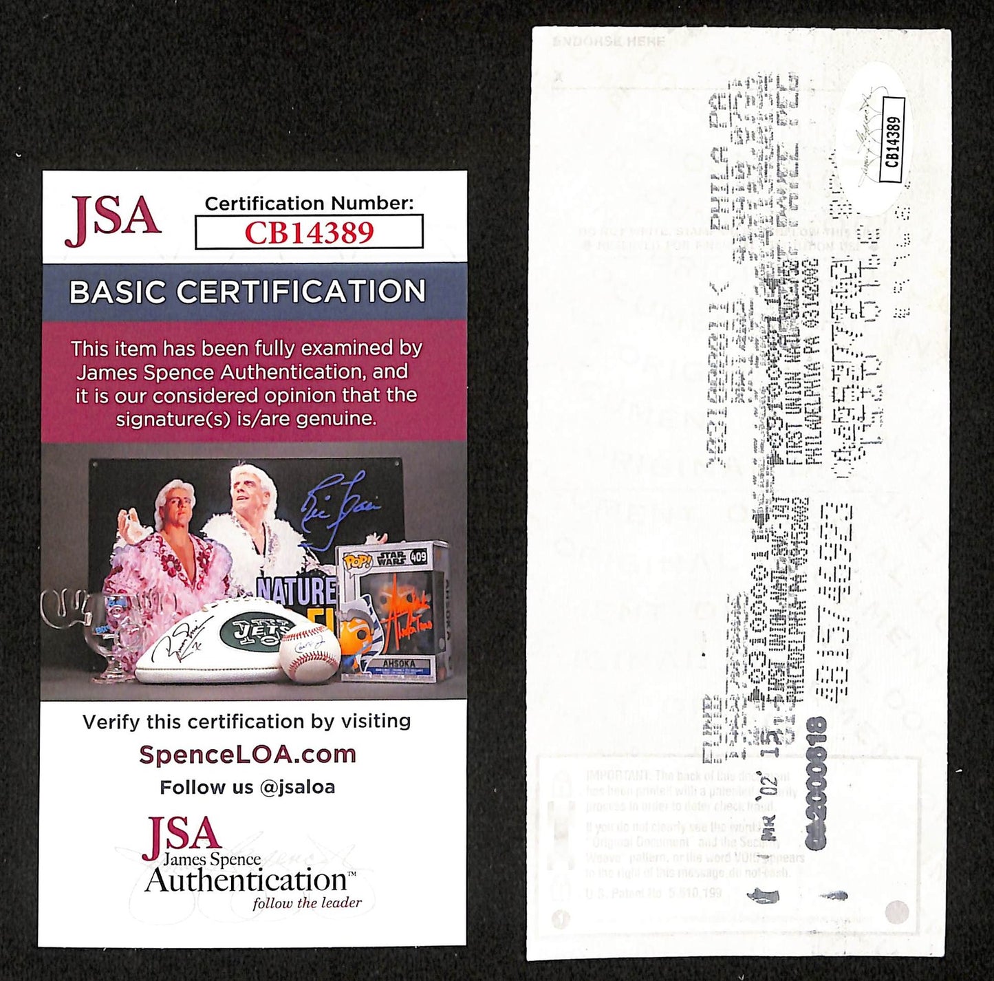 Johnny Unitas Hof Signed/Autographed 2002 Bank Check Baltimore Colts Jsa 199036