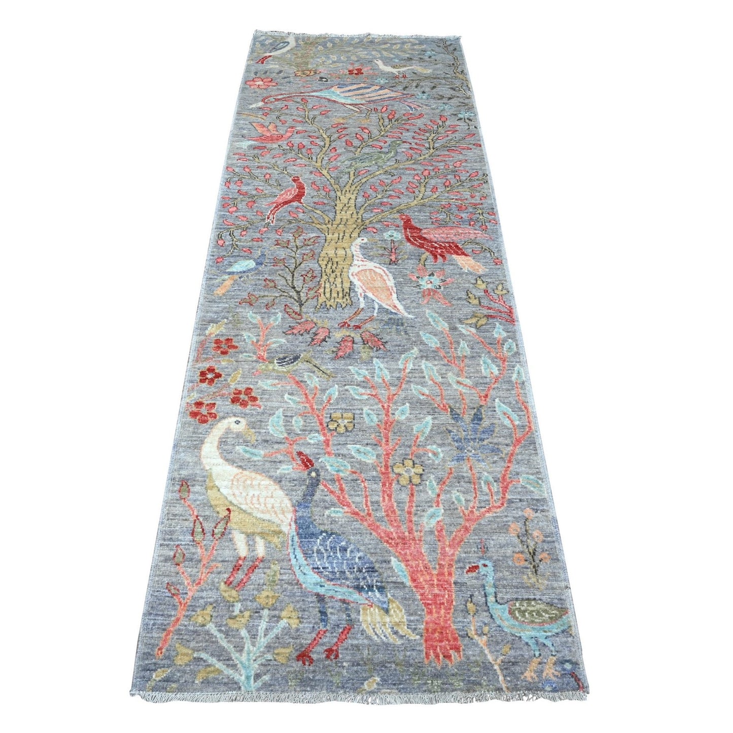 2'8"X7'9" Gray Birds Paradise Hand Knotted Peshawar Runner Oriental Rug
