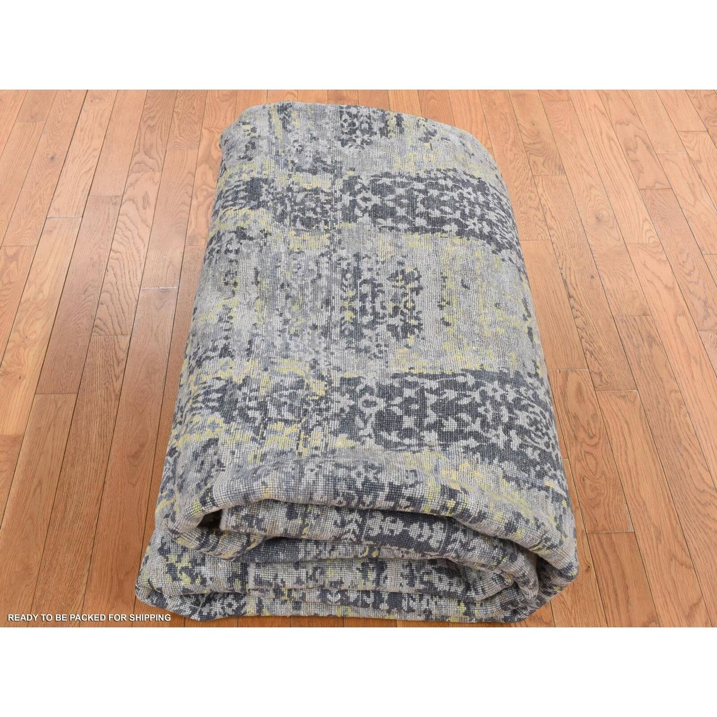 8'10"X11'9" Yellow Wool And Silk Transitional Design Hand Knotted Rug