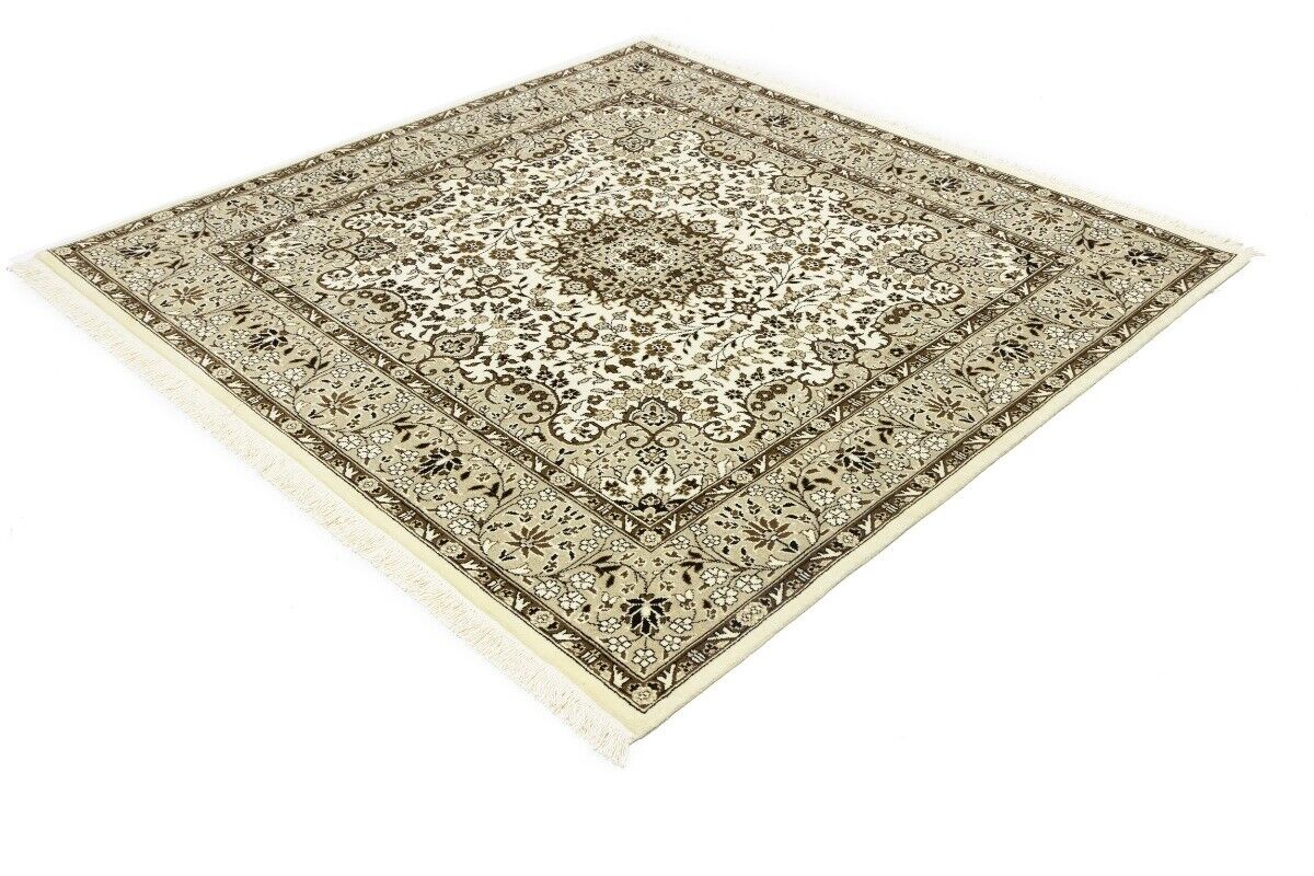Hand-Knotted Kirman Square Rug Cream Floral Wool