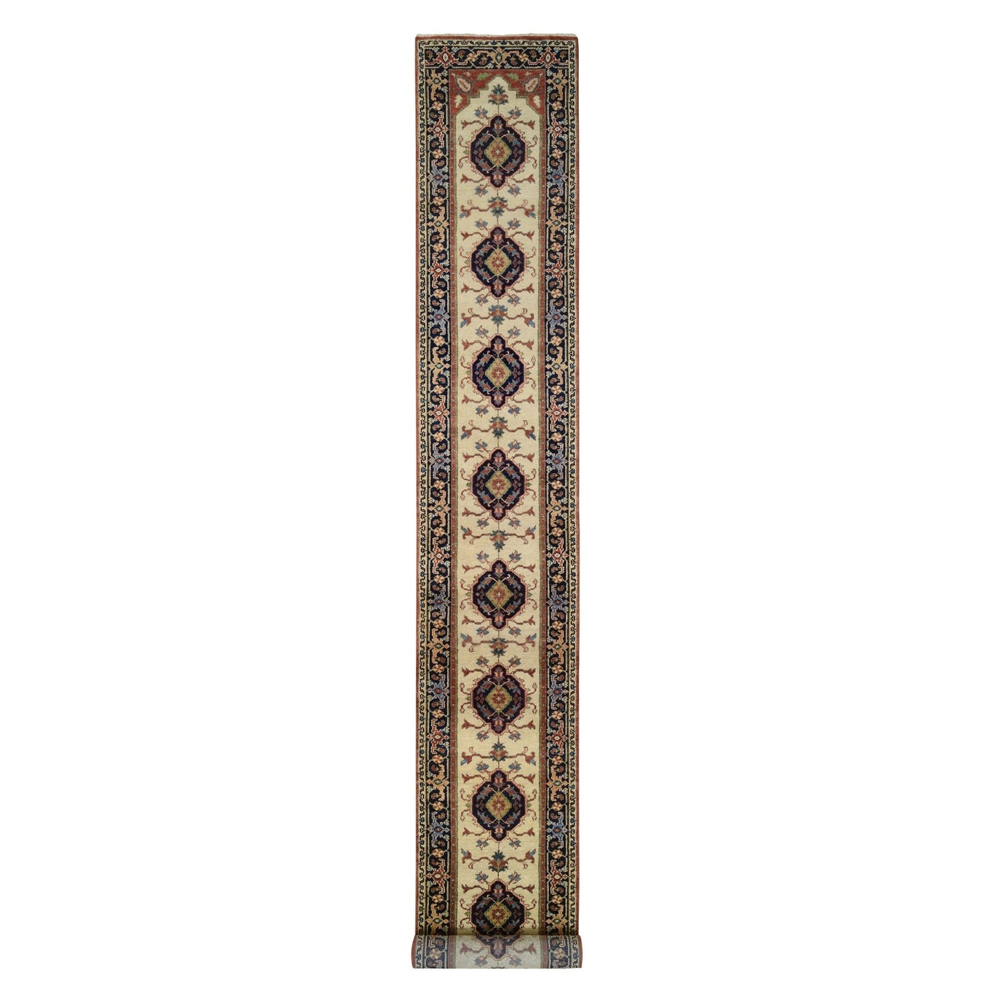 2'5"X19'9" Ivory Hand Knotted Heris Revival Pliable Wool Xl Runner Rug