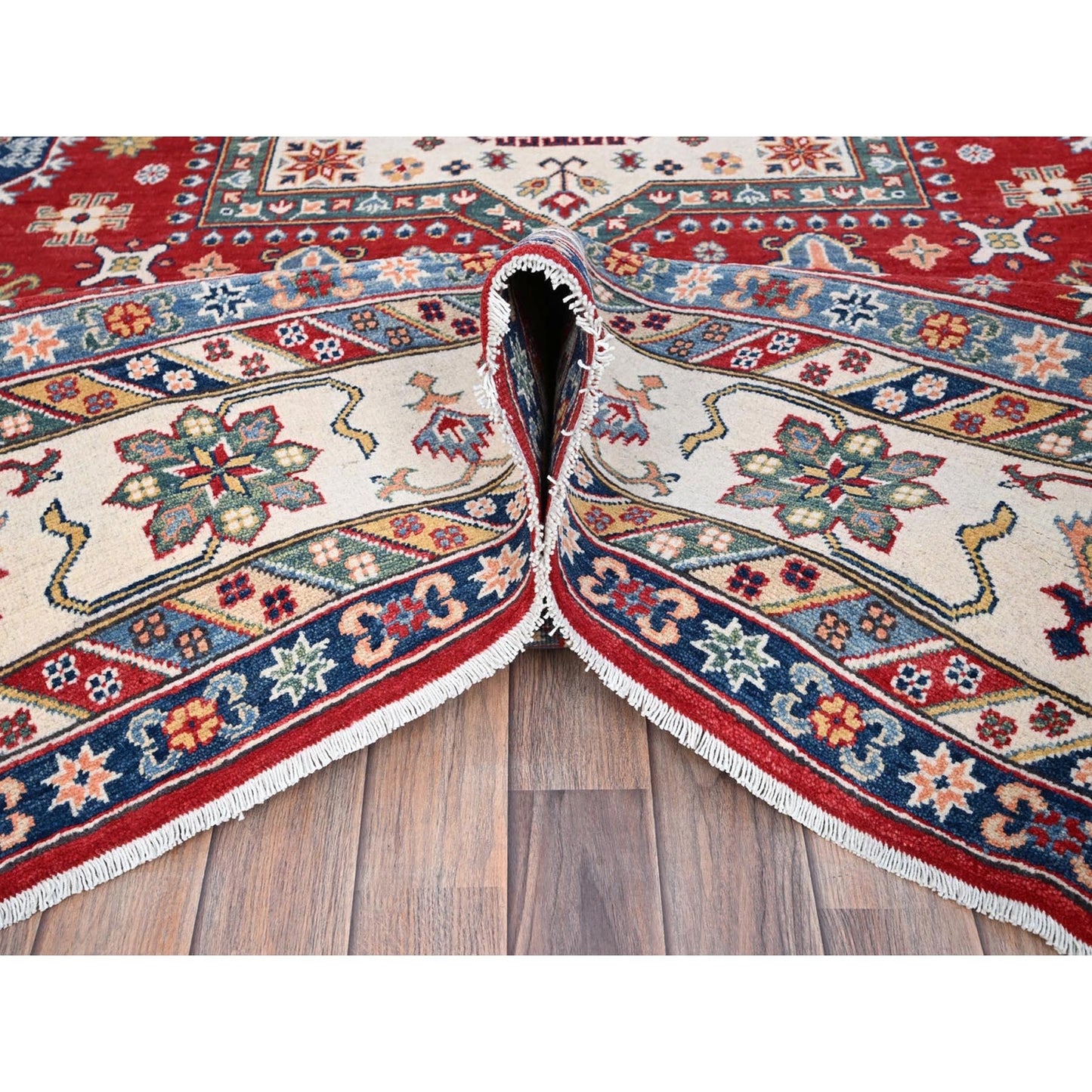 9'X12'4" Rufous Red Kazak Large Medallions Wool Hand Knotted Oriental Rug