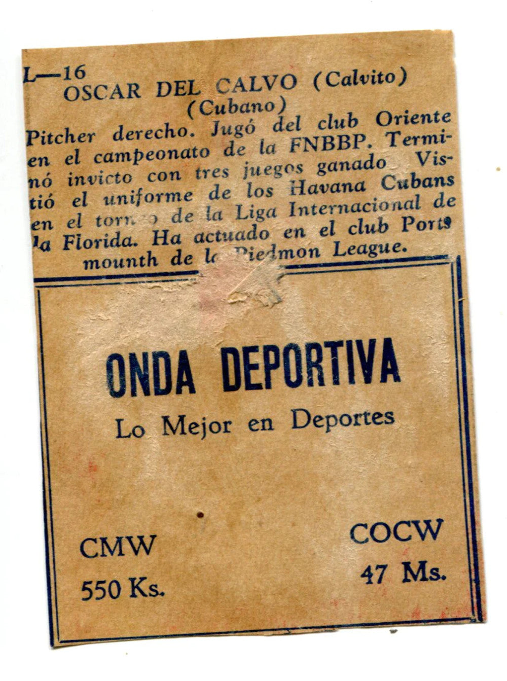 Oscar Del Calvo Havana Cuba Baseball Card