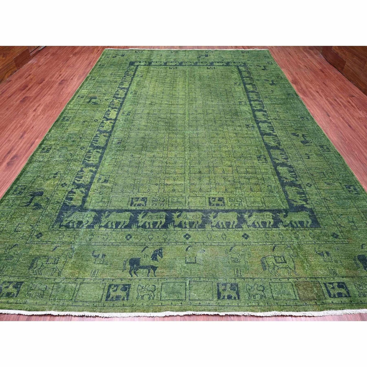 9'9"X13'8" Green Overdyed Peshawar Pazyryk Design Wool Hand Knotted Rug