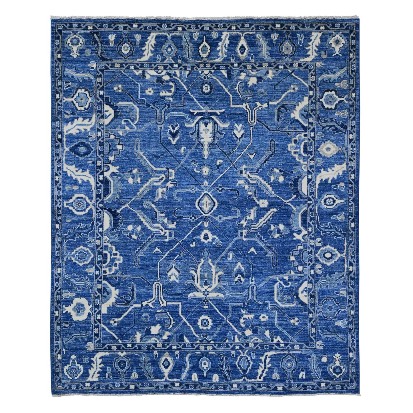 8'1"X9'8" Blue Hand Knotted Afghan Angora Oushak Vines Design Wool Rug