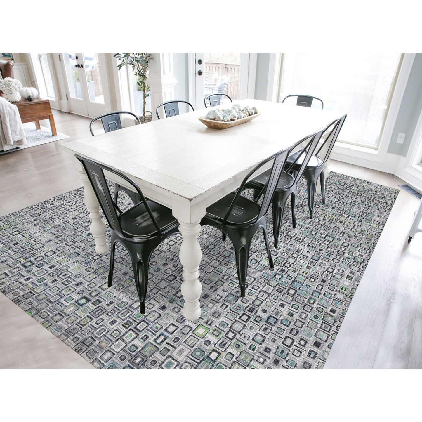 9'X12'3" Gray Silk With Wool Psefas Square Design Hand Knotted Rug