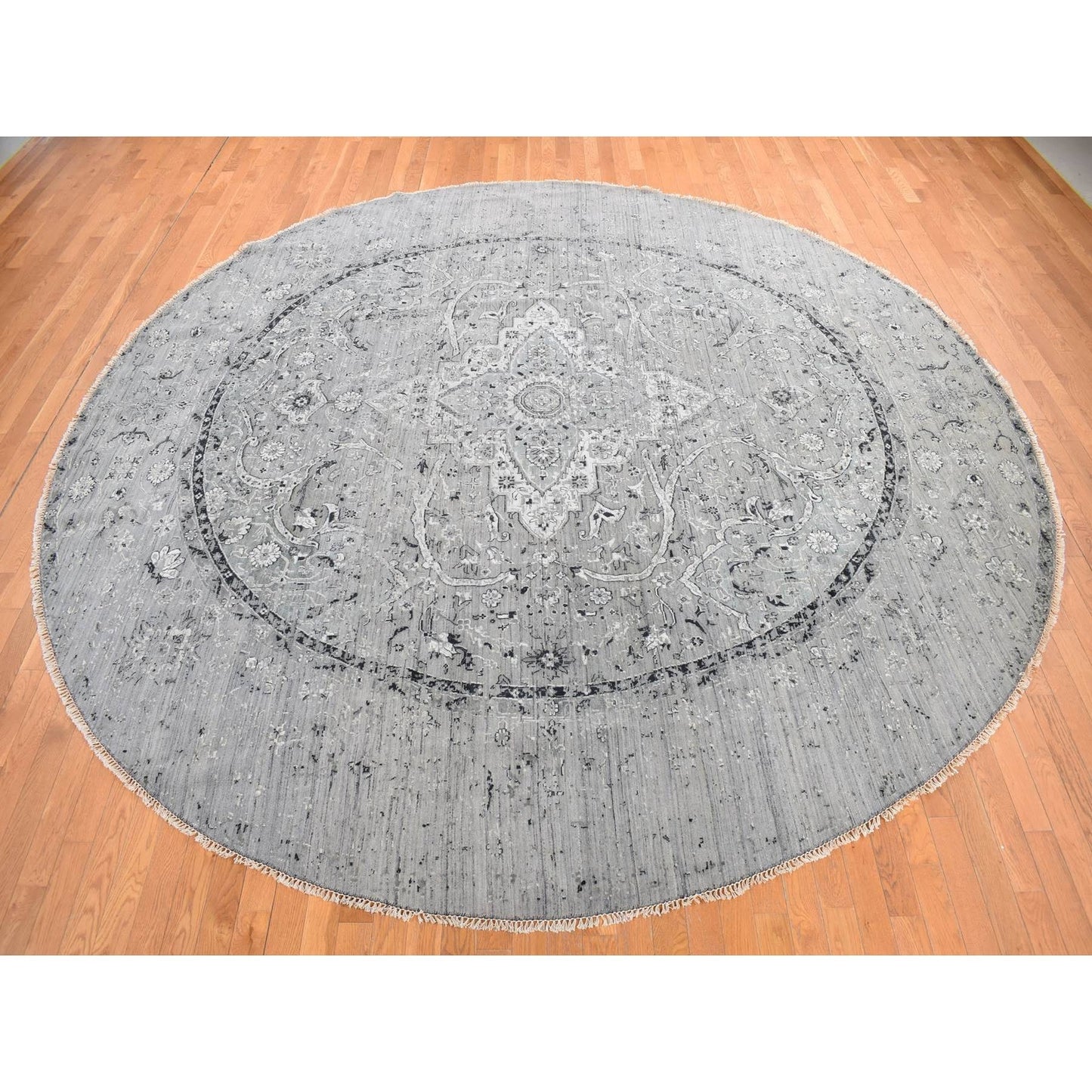 12'X12' Gray Broken Zoroastrian Design Silk/Wool Hand Knotted Round Rug