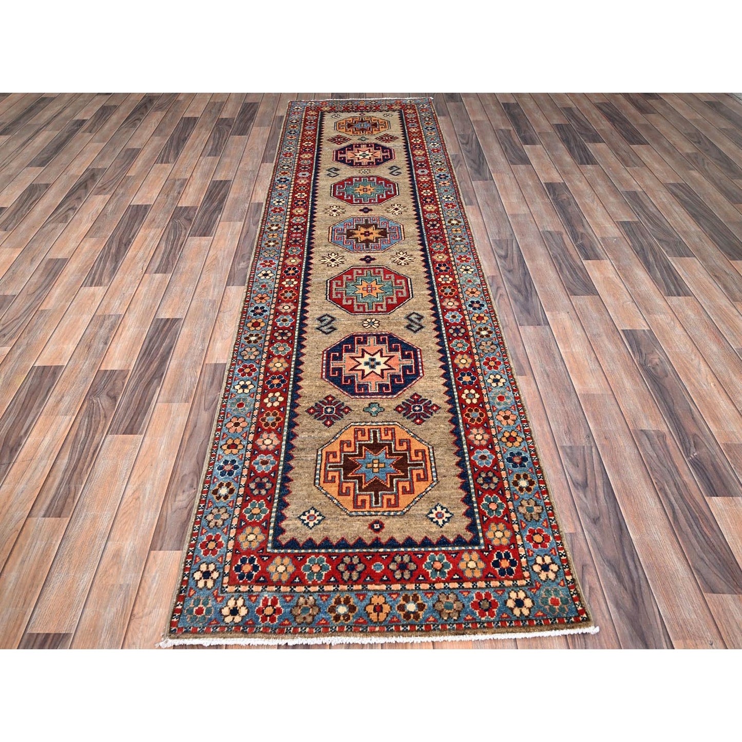 2'7"X9'8" Linen Beige Afghan Special Kazak Wool Hand Knotted Runner Rug
