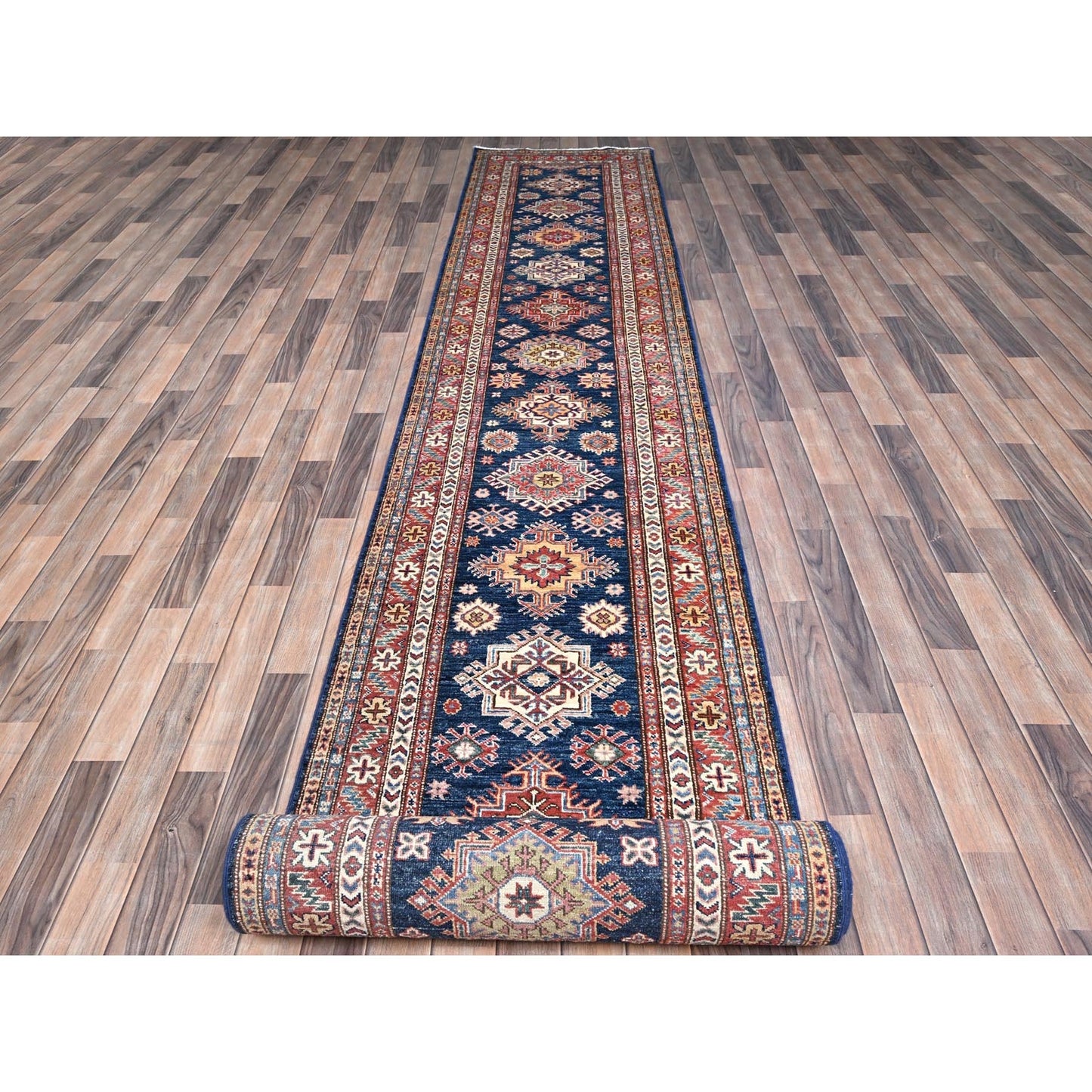 2'9"X26'3" Blue Hand Knotted Super Kazak Wool Xl Runner Rug