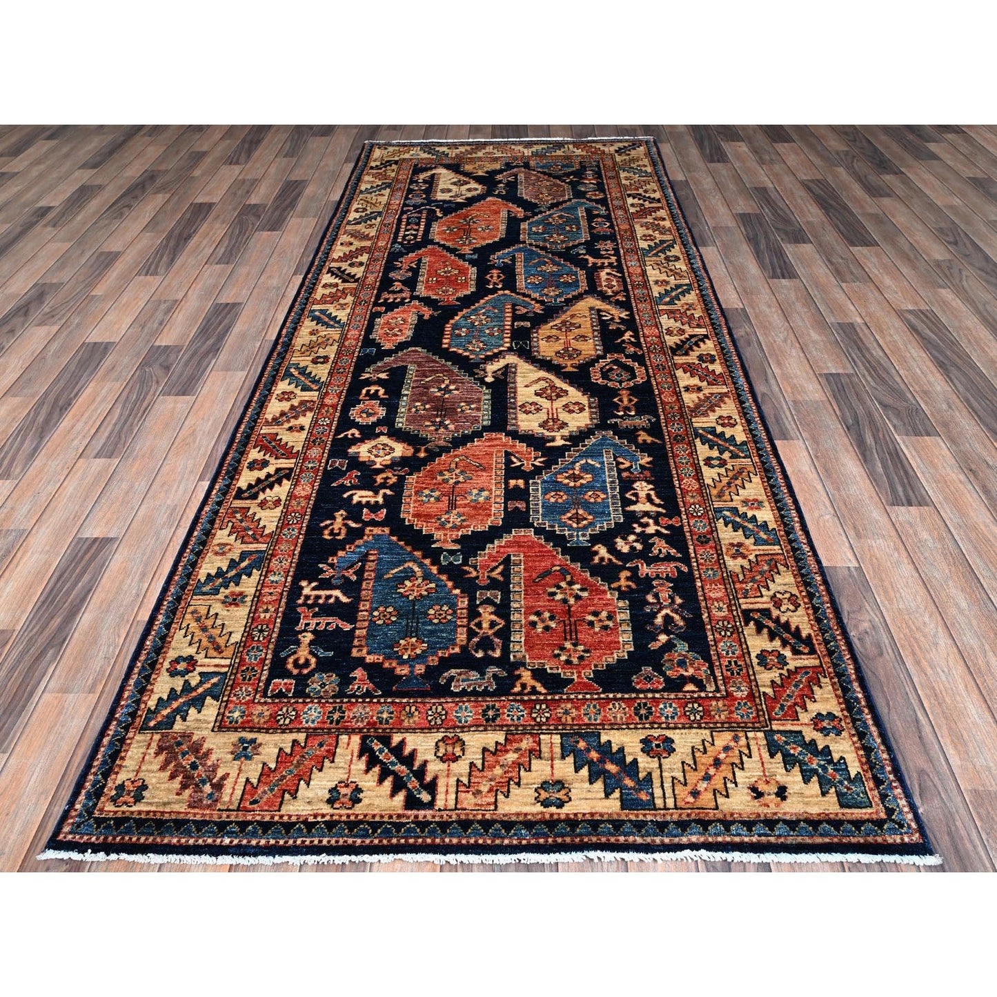 4'X9'9" Midnight Blue Large Paisley Design Wool Hand Knotted Runner Rug