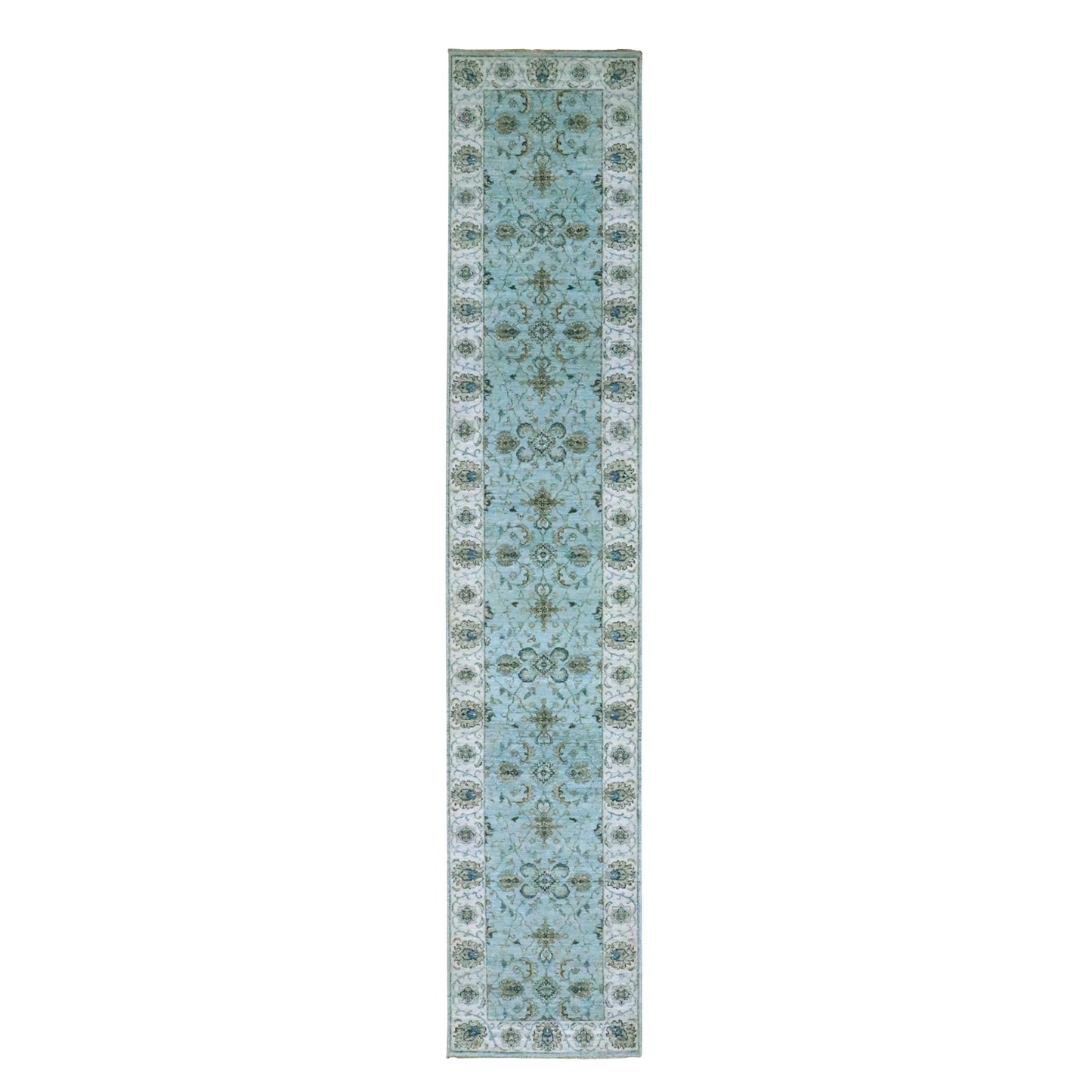 2'7"X14' Sky Blue Agra Flower Vines Design Wool Hand Knotted Runner Rug