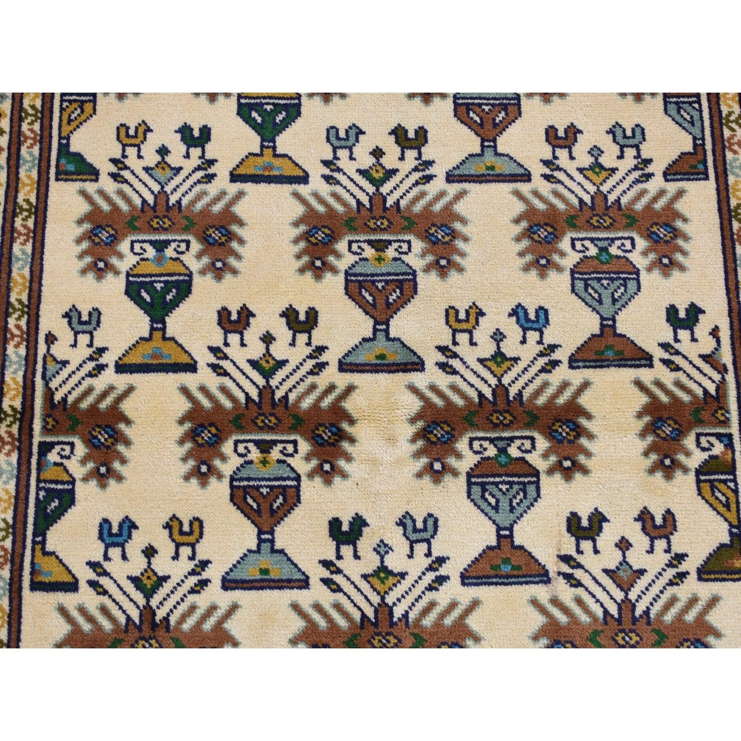 4'3"X5'7" Cream Color Hand Knotted Pure Wool Turkoman Bokara Design Rug